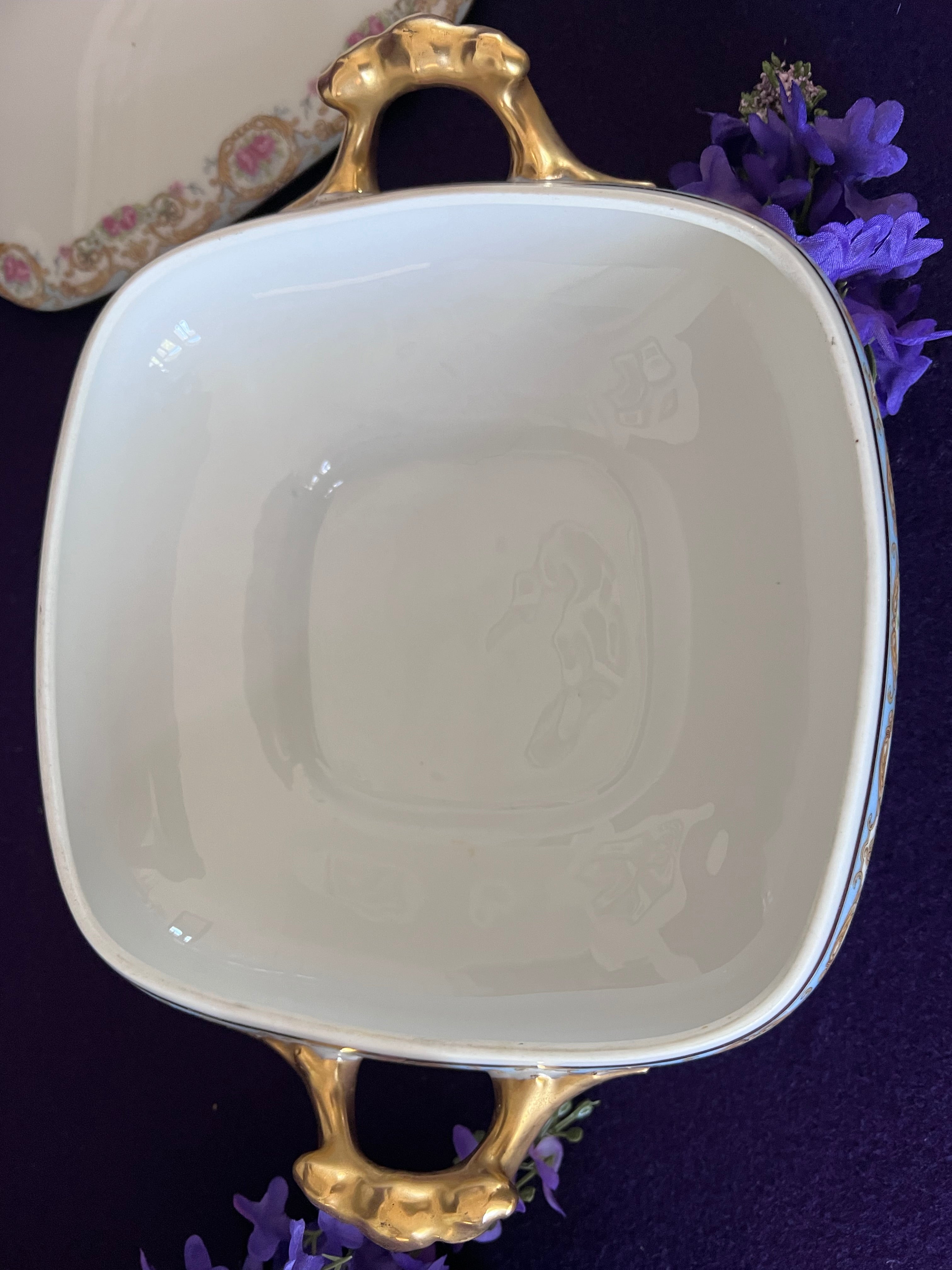 Antique Elite Works Limoges Porcelain Serving Set - 3-Piece Grandmillennial Tureen, Platter & Bowl, Blue Ribbon & Pink Rose Garland, c. 1920-1932