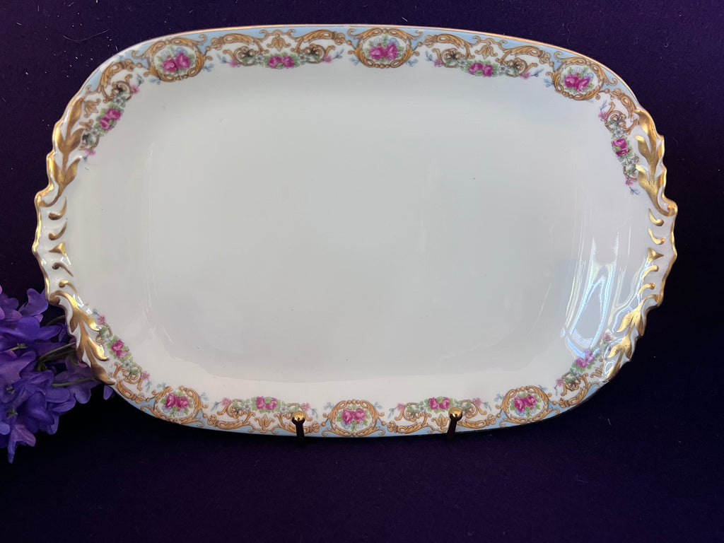 Antique Elite Works Limoges Porcelain Serving Set - 3-Piece Grandmillennial Tureen, Platter & Bowl, Blue Ribbon & Pink Rose Garland, c. 1920-1932