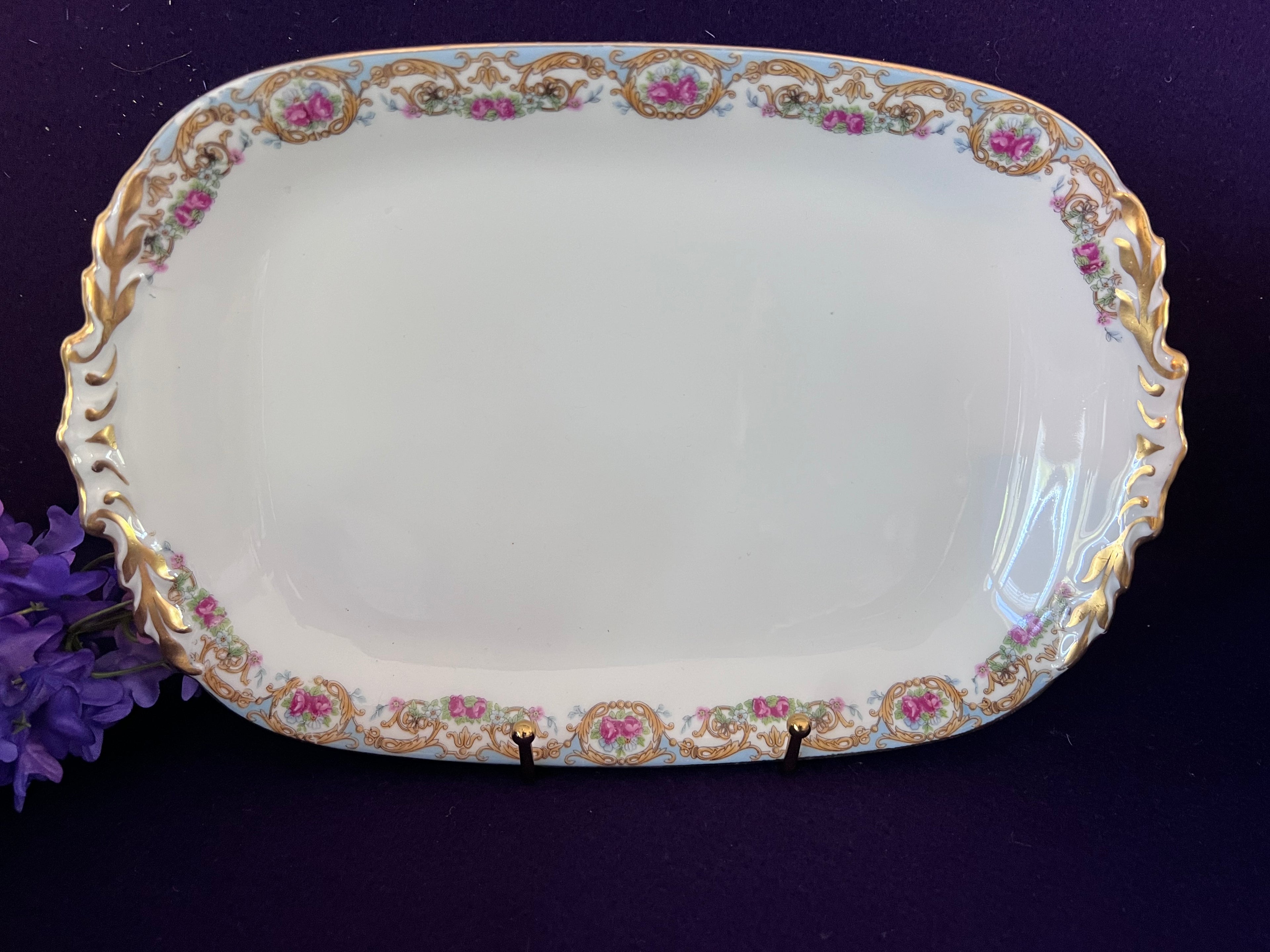 Antique Elite Works Limoges Porcelain Serving Set - 3-Piece Grandmillennial Tureen, Platter & Bowl, Blue Ribbon & Pink Rose Garland, c. 1920-1932
