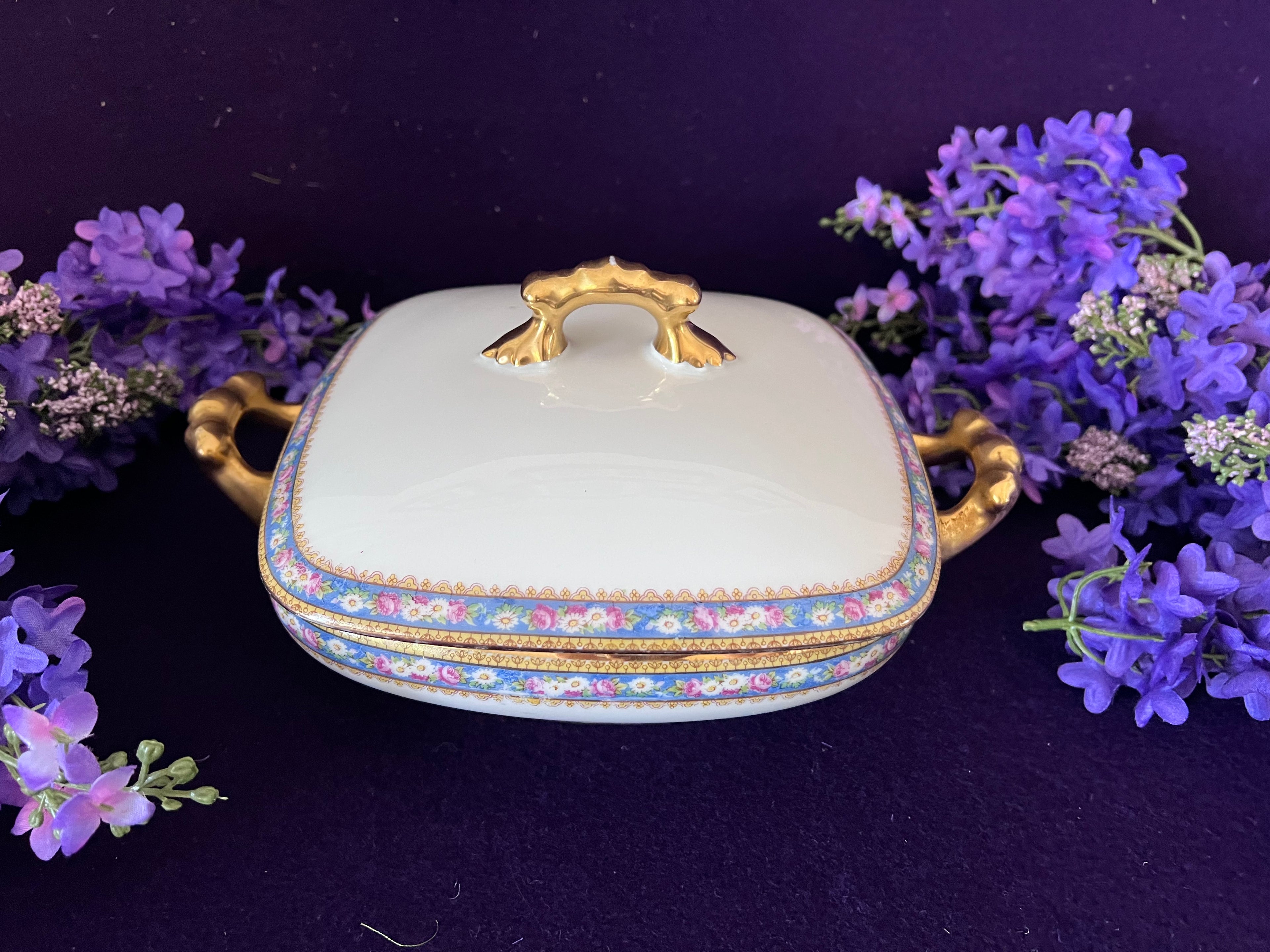 Antique W. Guérin Limoges France Covered Vegetable Dish — French Blue Floral Garland & Ornate Gold Handles, c.1910s