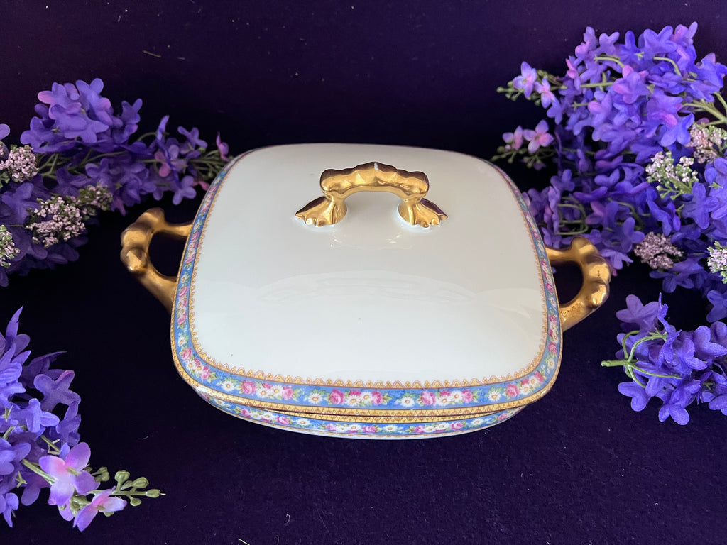 Antique W. Guérin Limoges France Covered Vegetable Dish — French Blue Floral Garland & Ornate Gold Handles, c.1910s