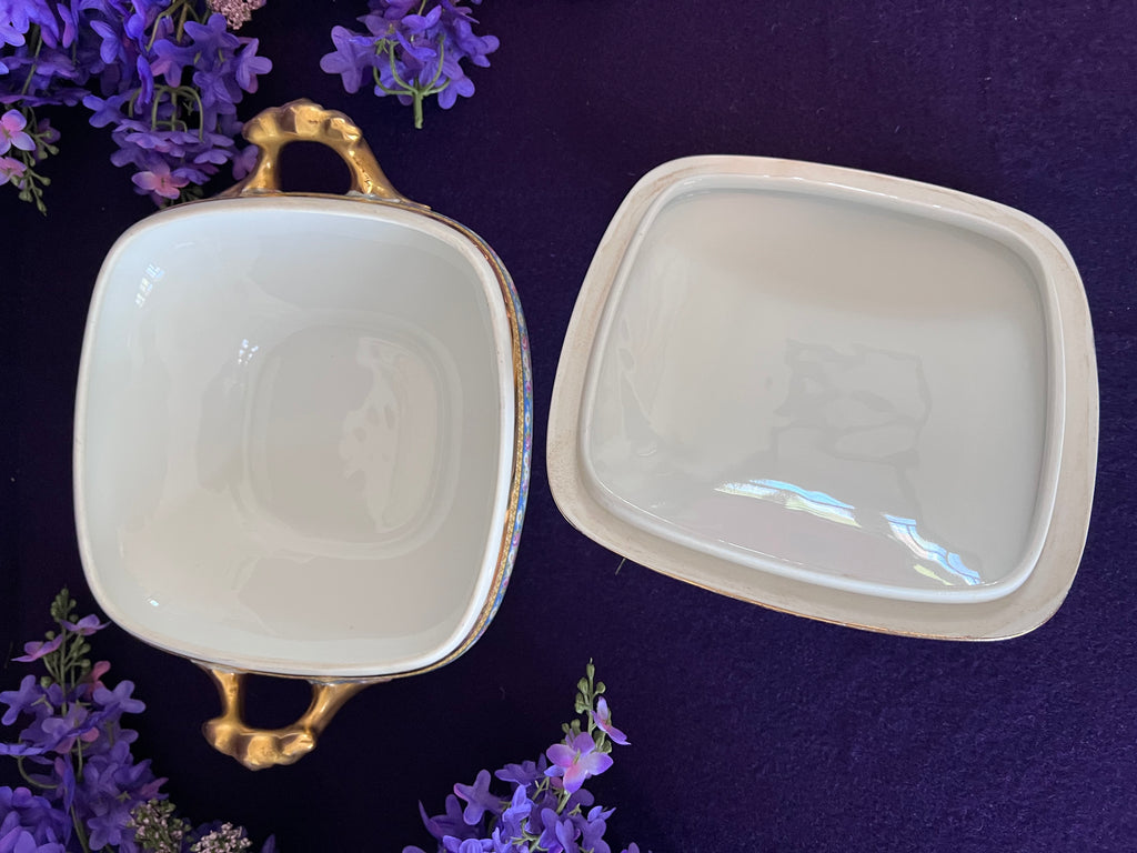 Antique W. Guérin Limoges France Covered Vegetable Dish — French Blue Floral Garland & Ornate Gold Handles, c.1910s
