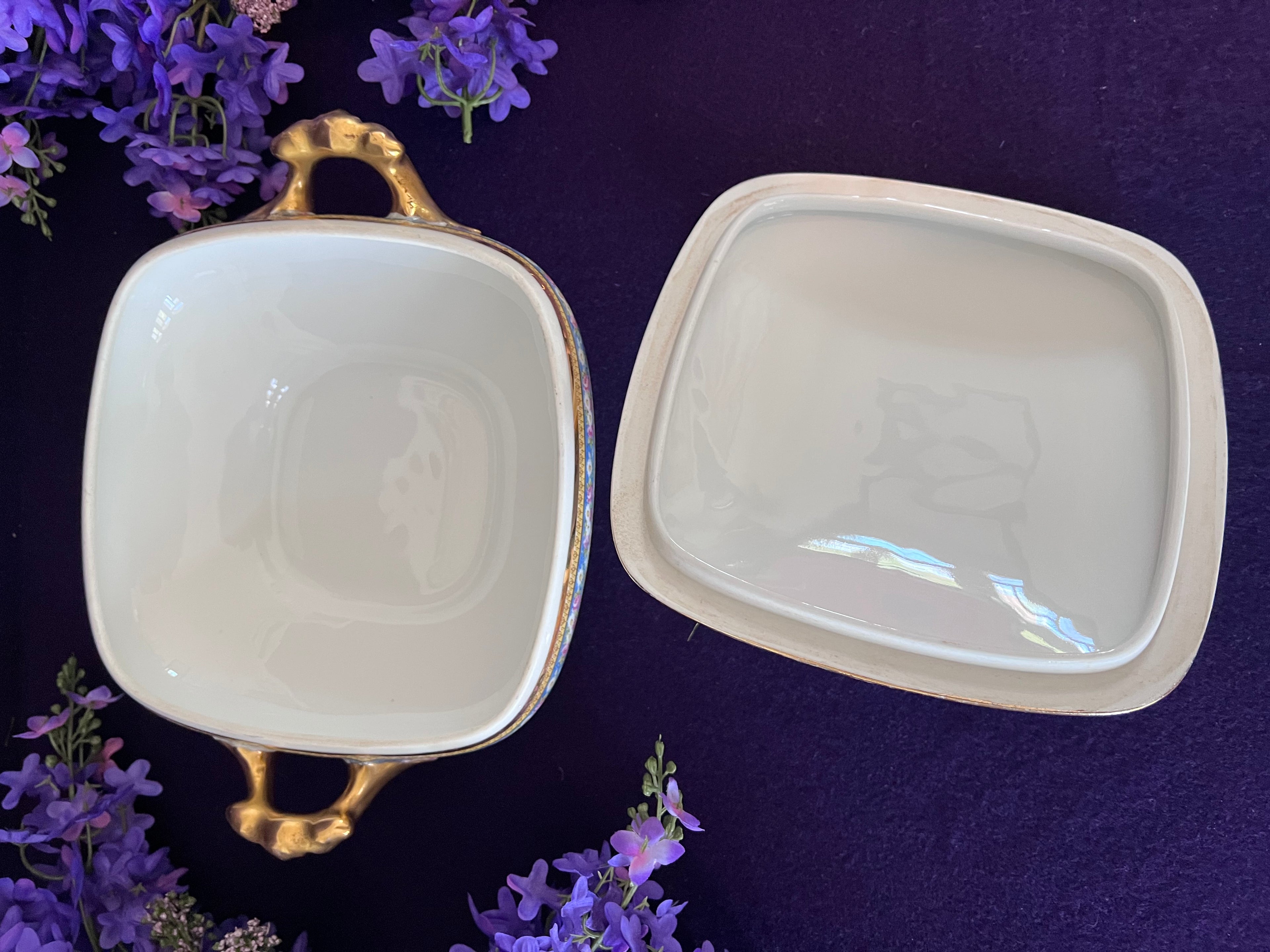 Antique W. Guérin Limoges France Covered Vegetable Dish — French Blue Floral Garland & Ornate Gold Handles, c.1910s