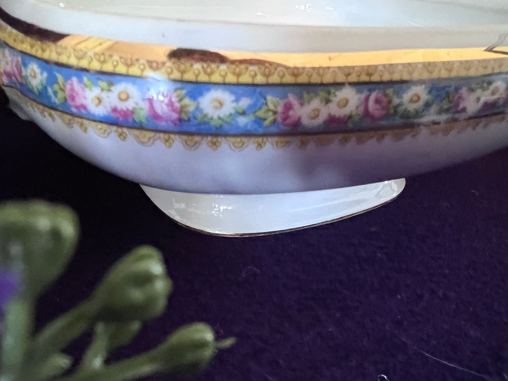 Antique W. Guérin Limoges France Covered Vegetable Dish — French Blue Floral Garland & Ornate Gold Handles, c.1910s