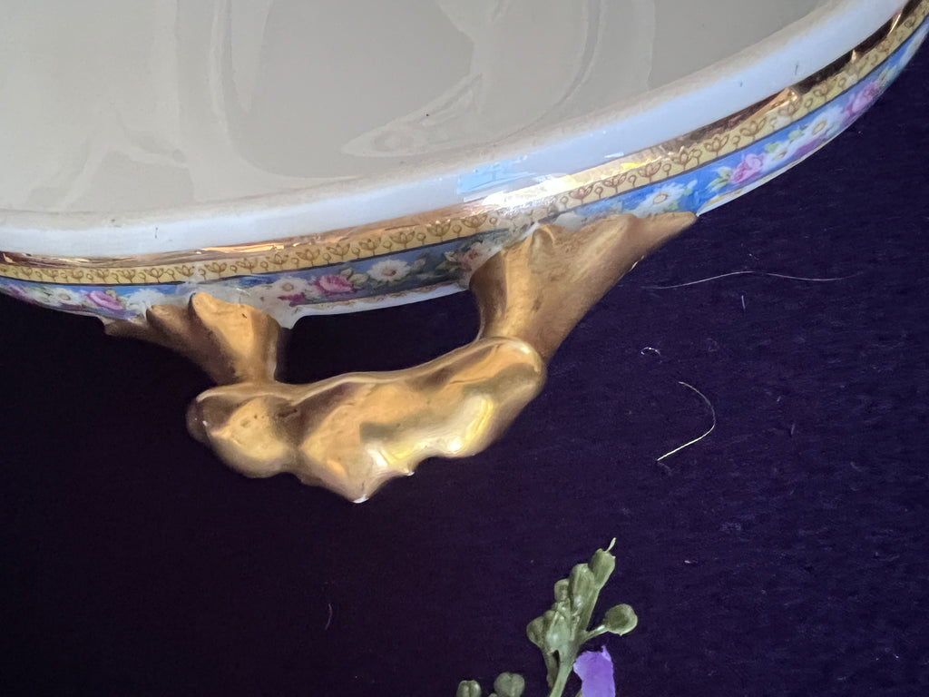 Antique W. Guérin Limoges France Covered Vegetable Dish — French Blue Floral Garland & Ornate Gold Handles, c.1910s