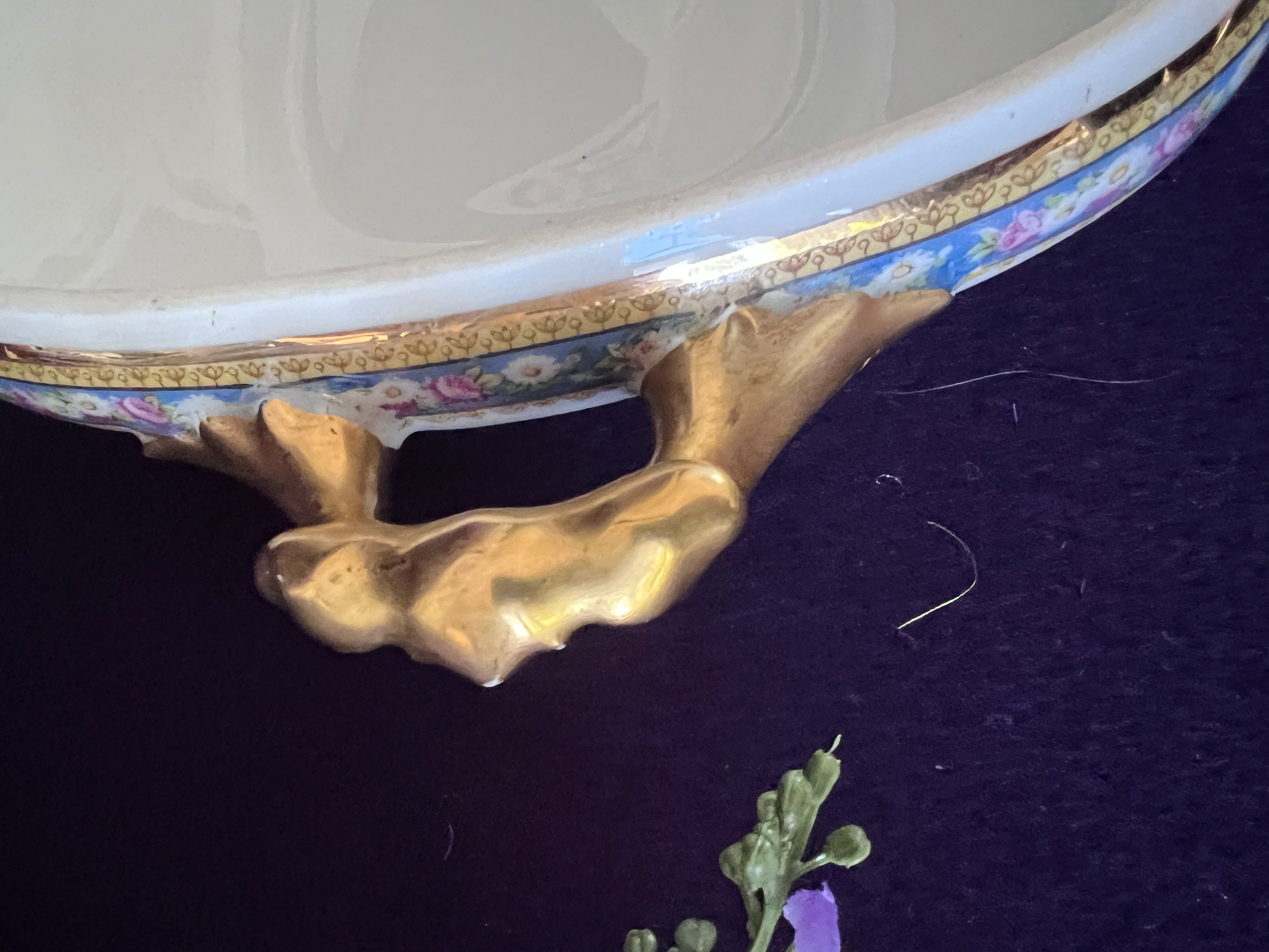 Antique W. Guérin Limoges France Covered Vegetable Dish — French Blue Floral Garland & Ornate Gold Handles, c.1910s