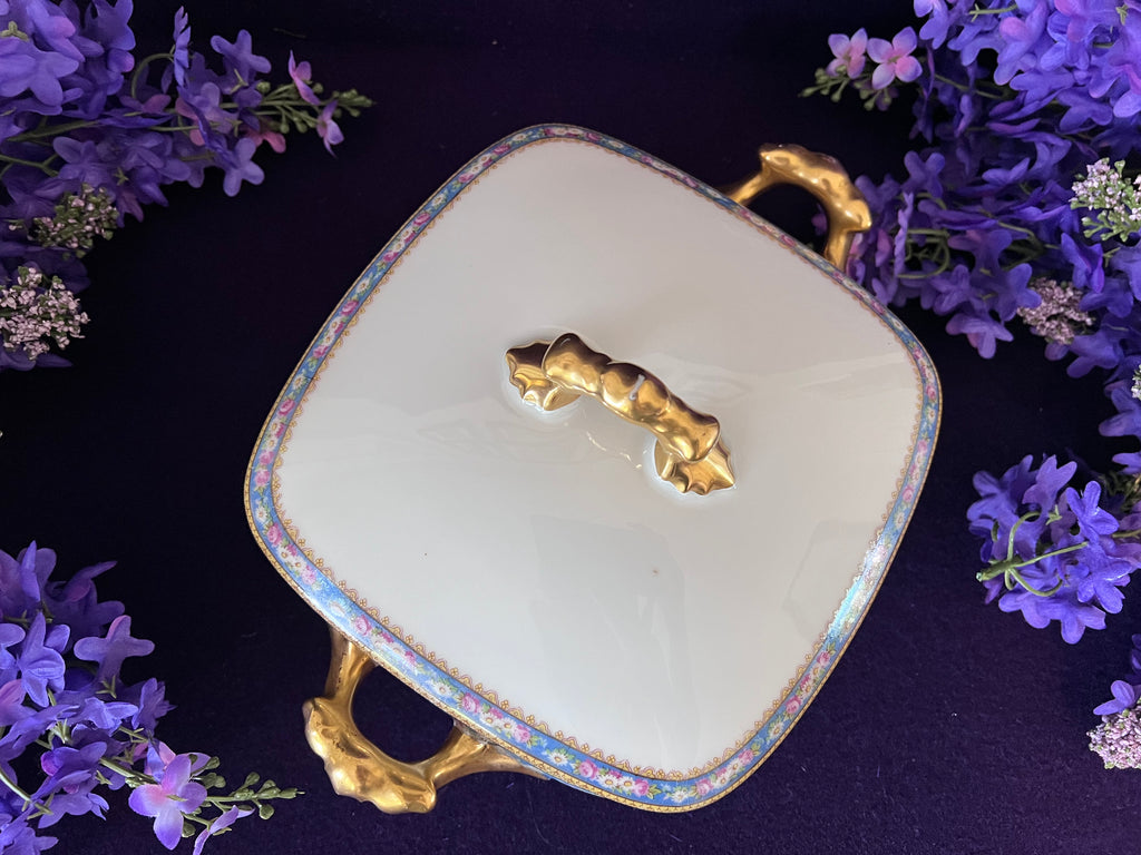 Antique W. Guérin Limoges France Covered Vegetable Dish — French Blue Floral Garland & Ornate Gold Handles, c.1910s
