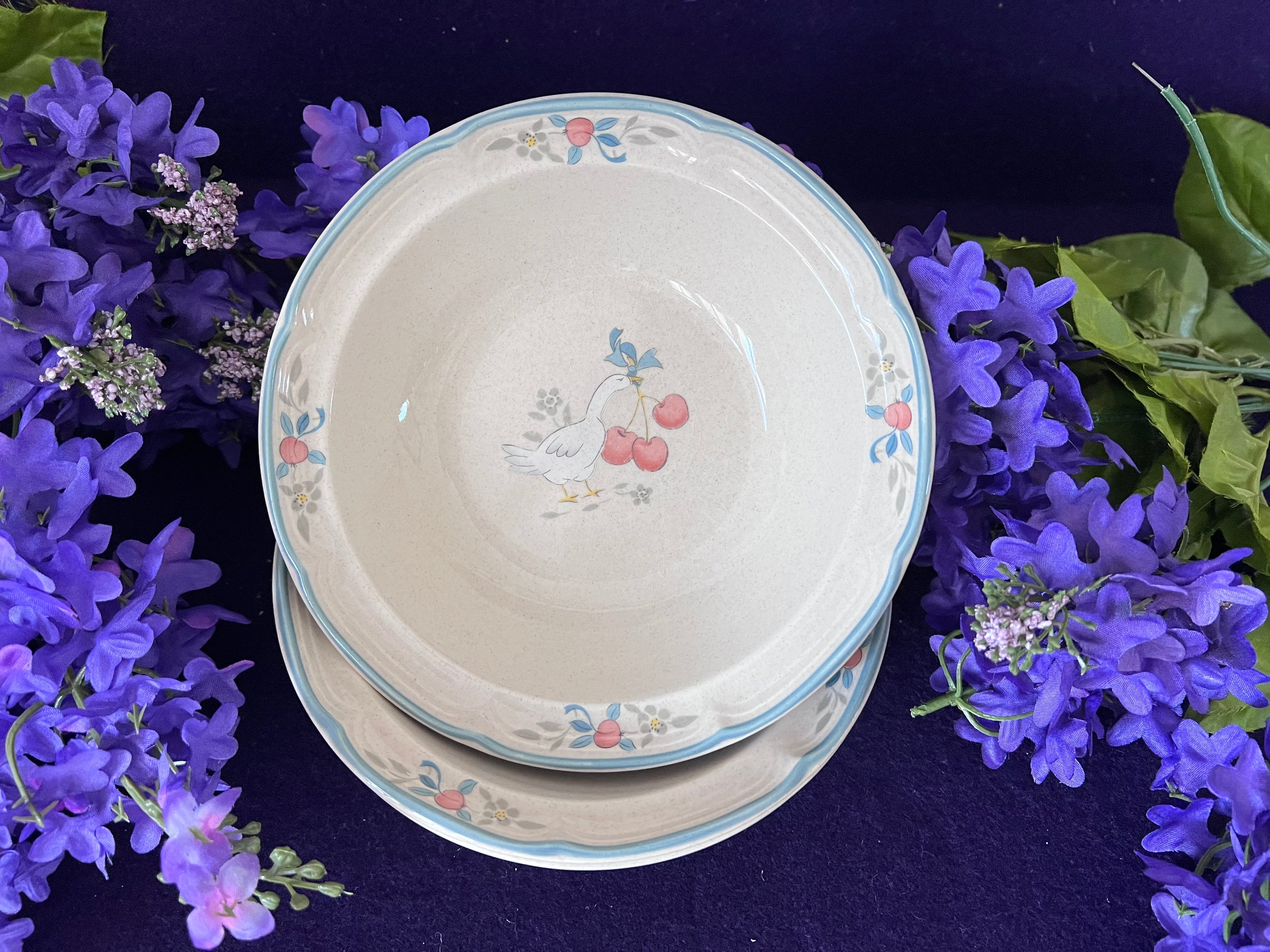 Vintage International China Co Tableworks Cherries & Gander Stoneware Bowls Set of 3, 1980s Country Goose Cottagecore