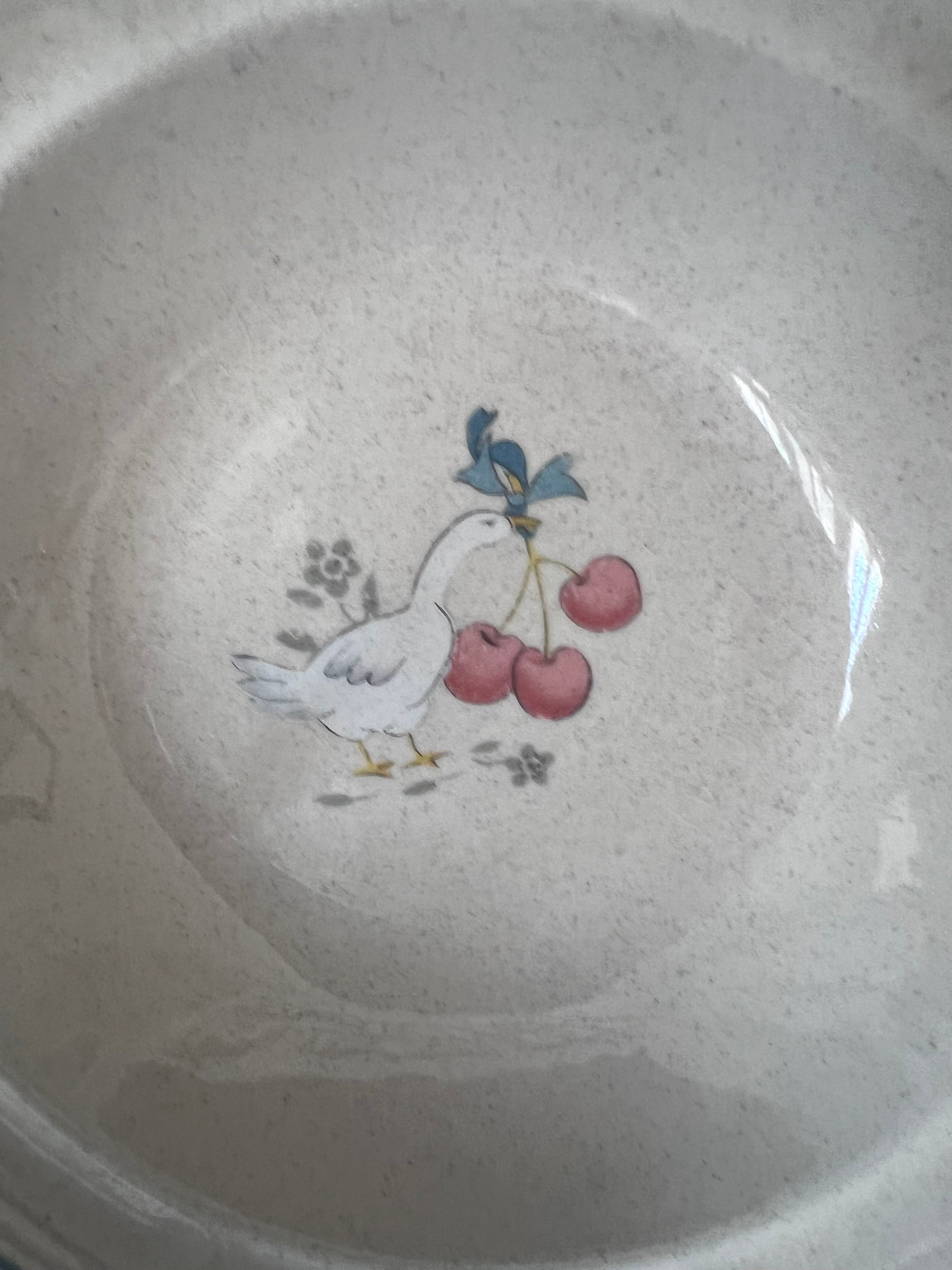 Vintage International China Co Tableworks Cherries & Gander Stoneware Bowls Set of 3, 1980s Country Goose Cottagecore