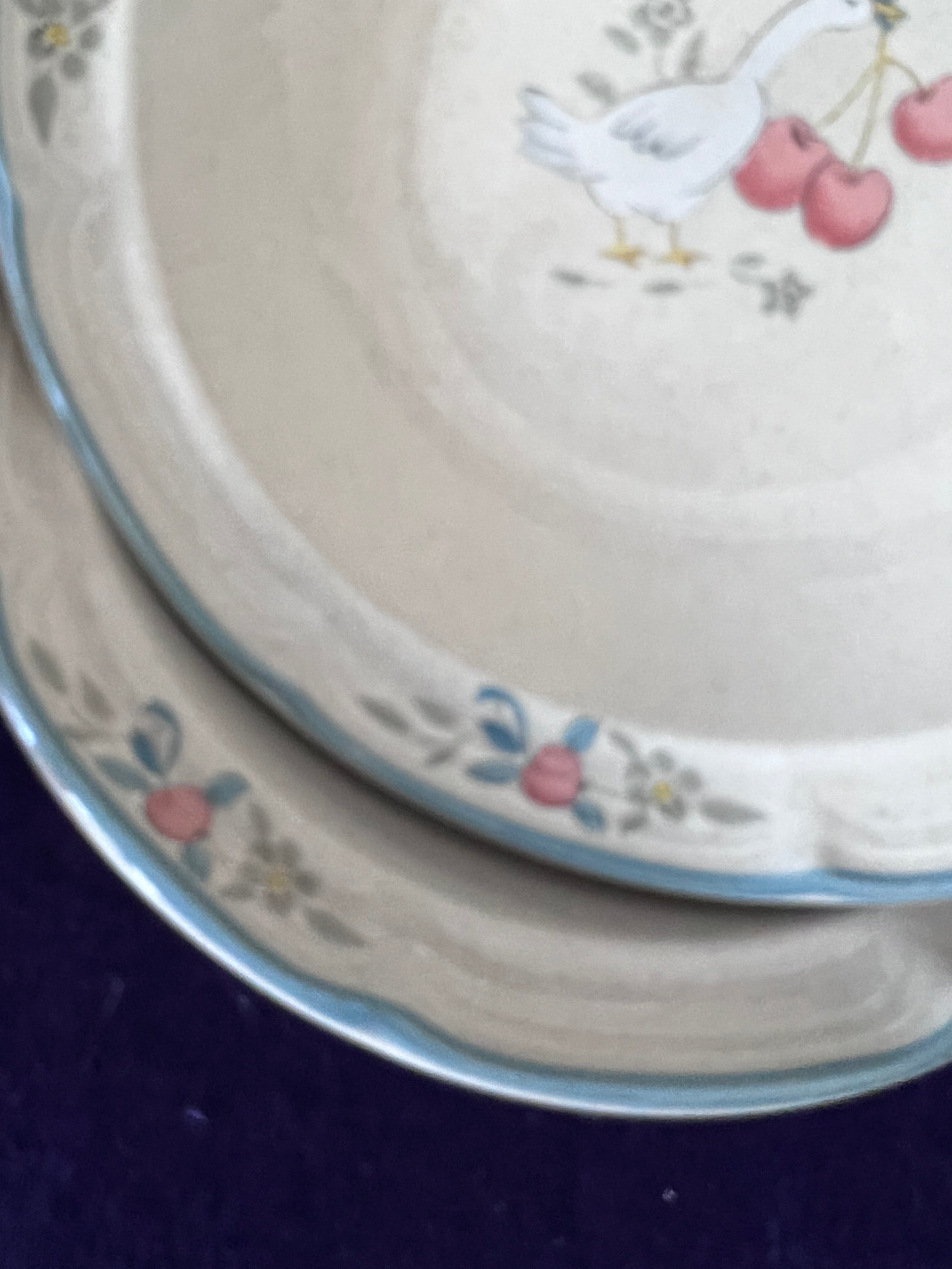 Vintage International China Co Tableworks Cherries & Gander Stoneware Bowls Set of 3, 1980s Country Goose Cottagecore