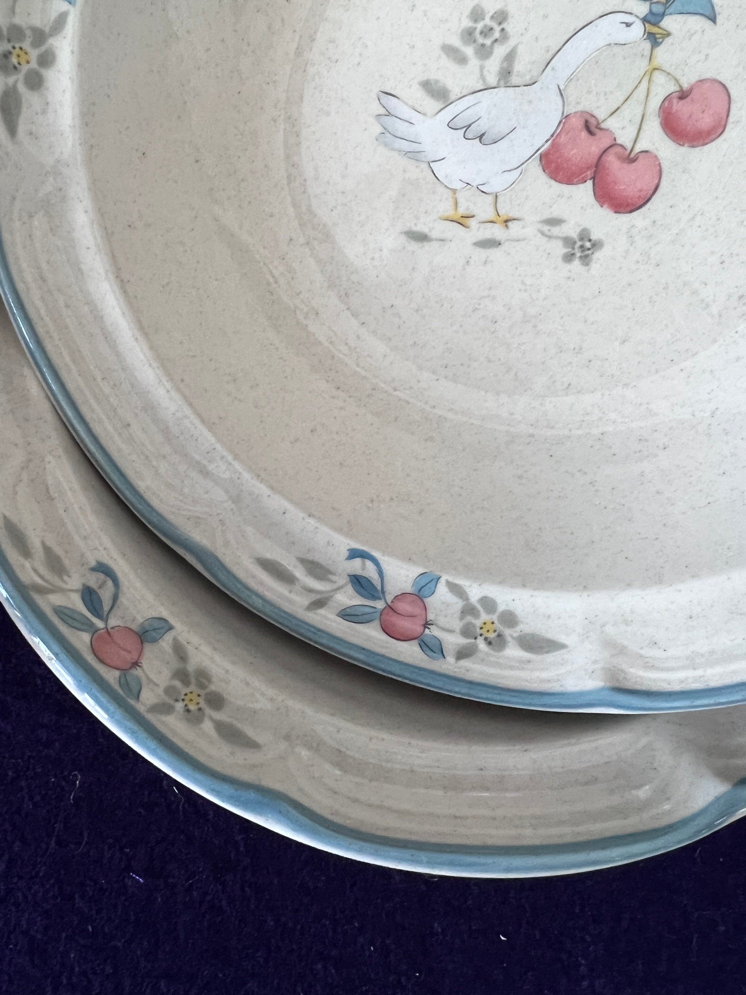 Vintage International China Co Tableworks Cherries & Gander Stoneware Bowls Set of 3, 1980s Country Goose Cottagecore