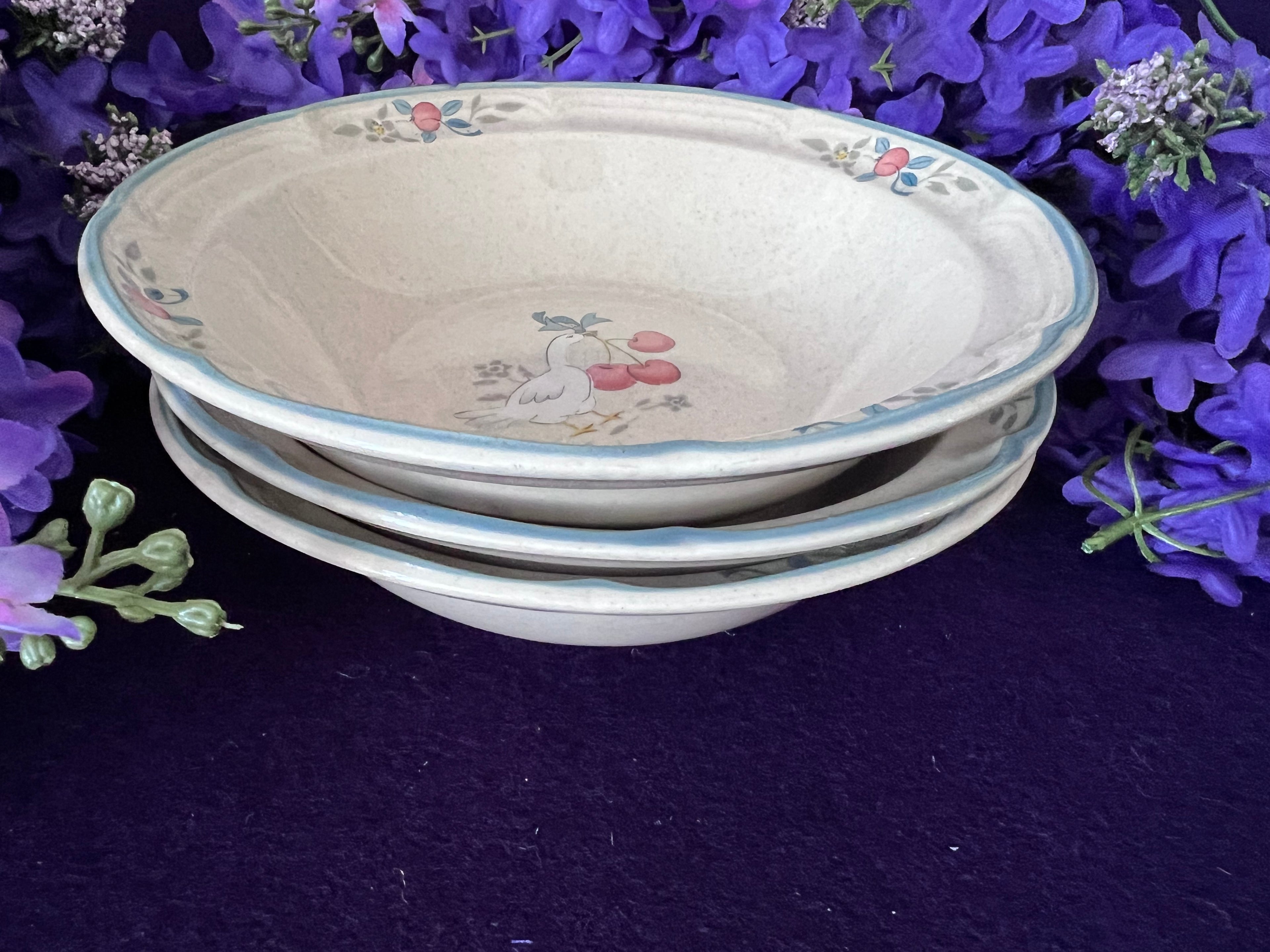 Vintage International China Co Tableworks Cherries & Gander Stoneware Bowls Set of 3, 1980s Country Goose Cottagecore