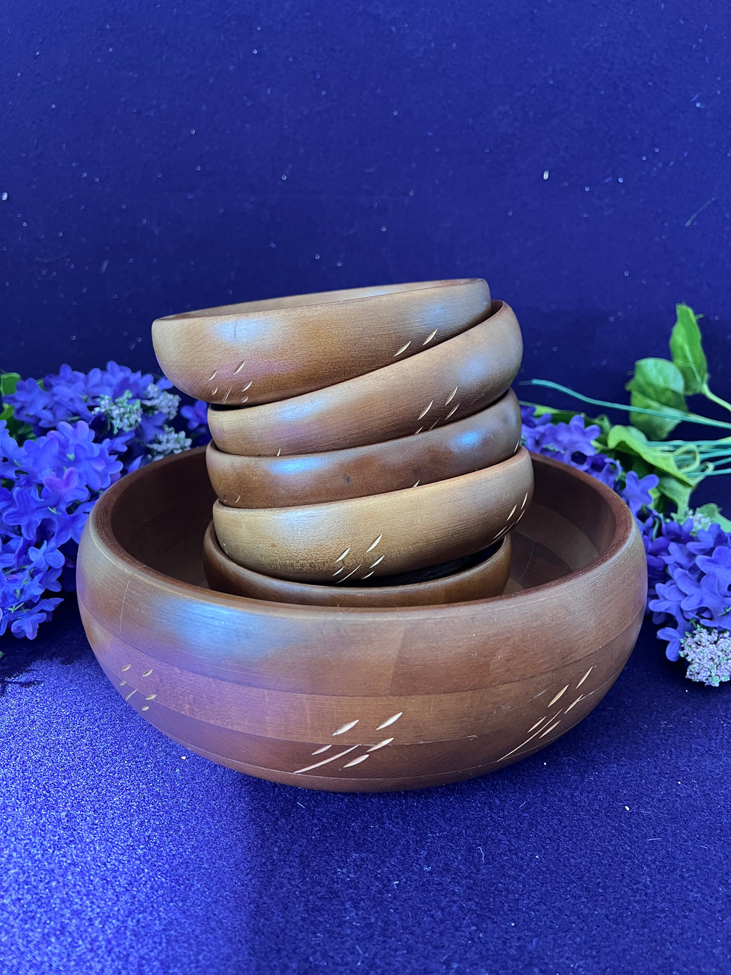 Vintage Baribocraft Canada Wooden Salad Bowl Set — 6-Piece Mid-Century Modern Carved Maple