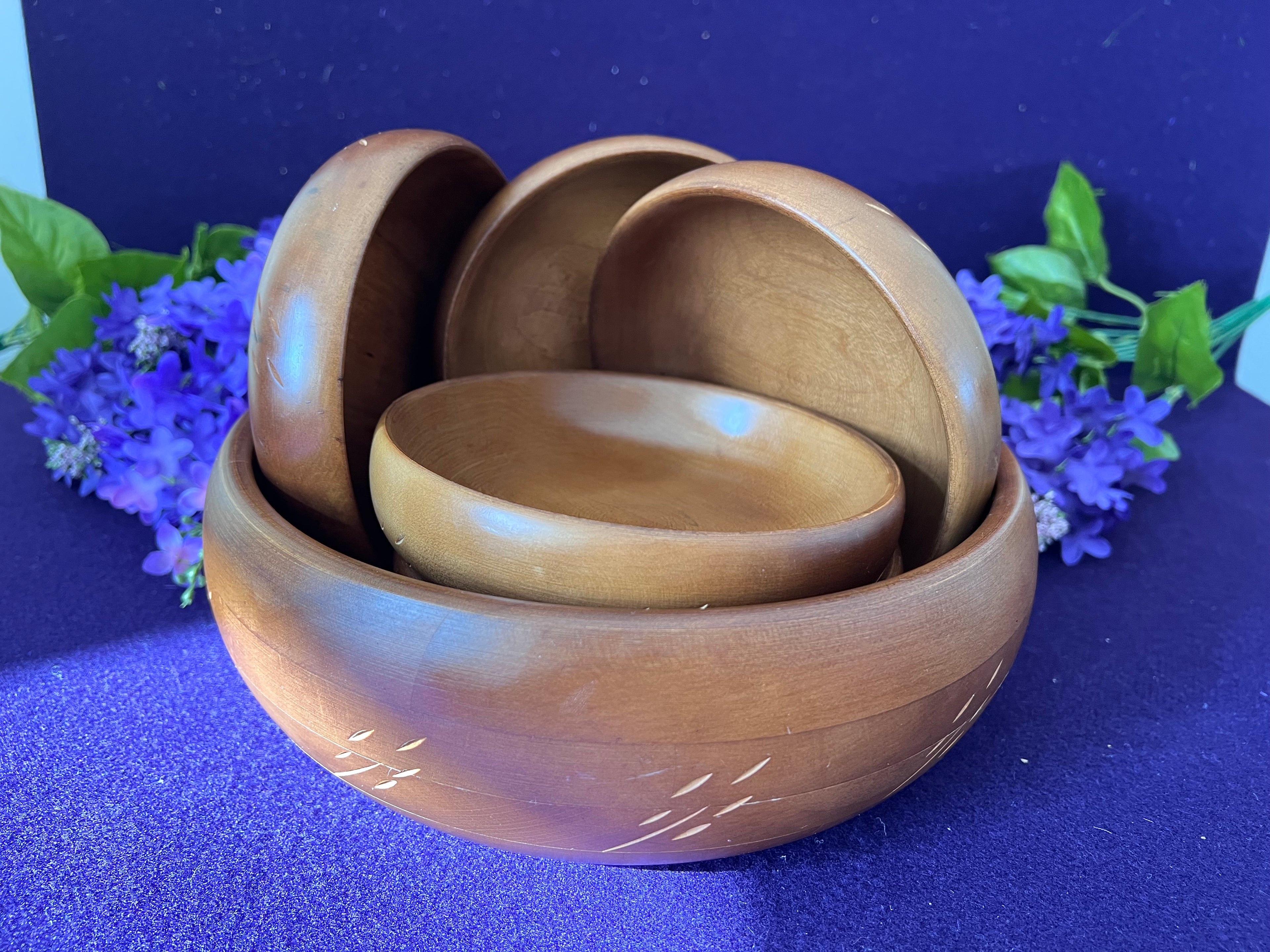 Vintage Baribocraft Canada Wooden Salad Bowl Set — 6-Piece Mid-Century Modern Carved Maple