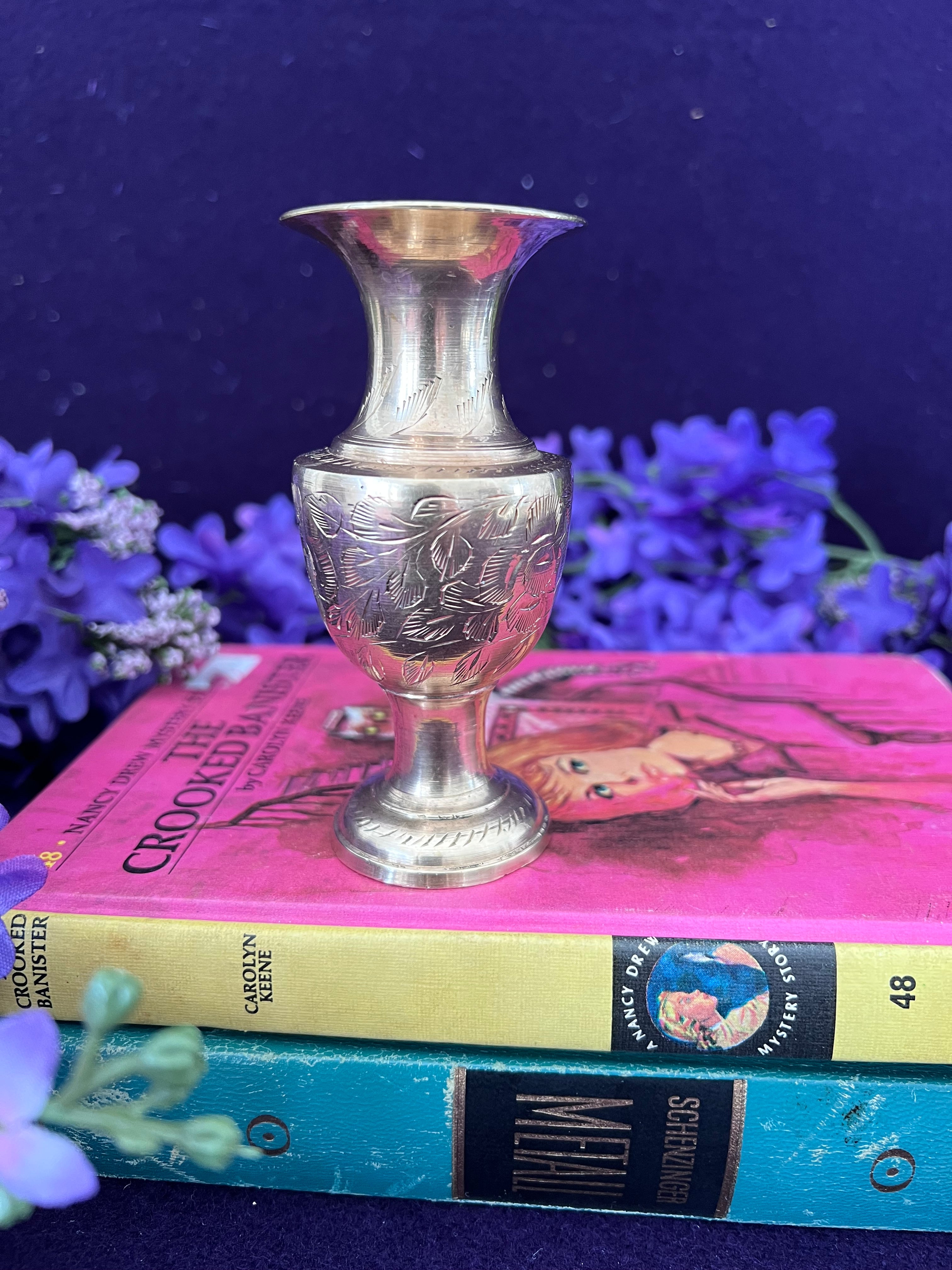 Vintage Hand-Etched Brass Bud Vase — Floral Urn, Cottagecore Dark Academia Decor