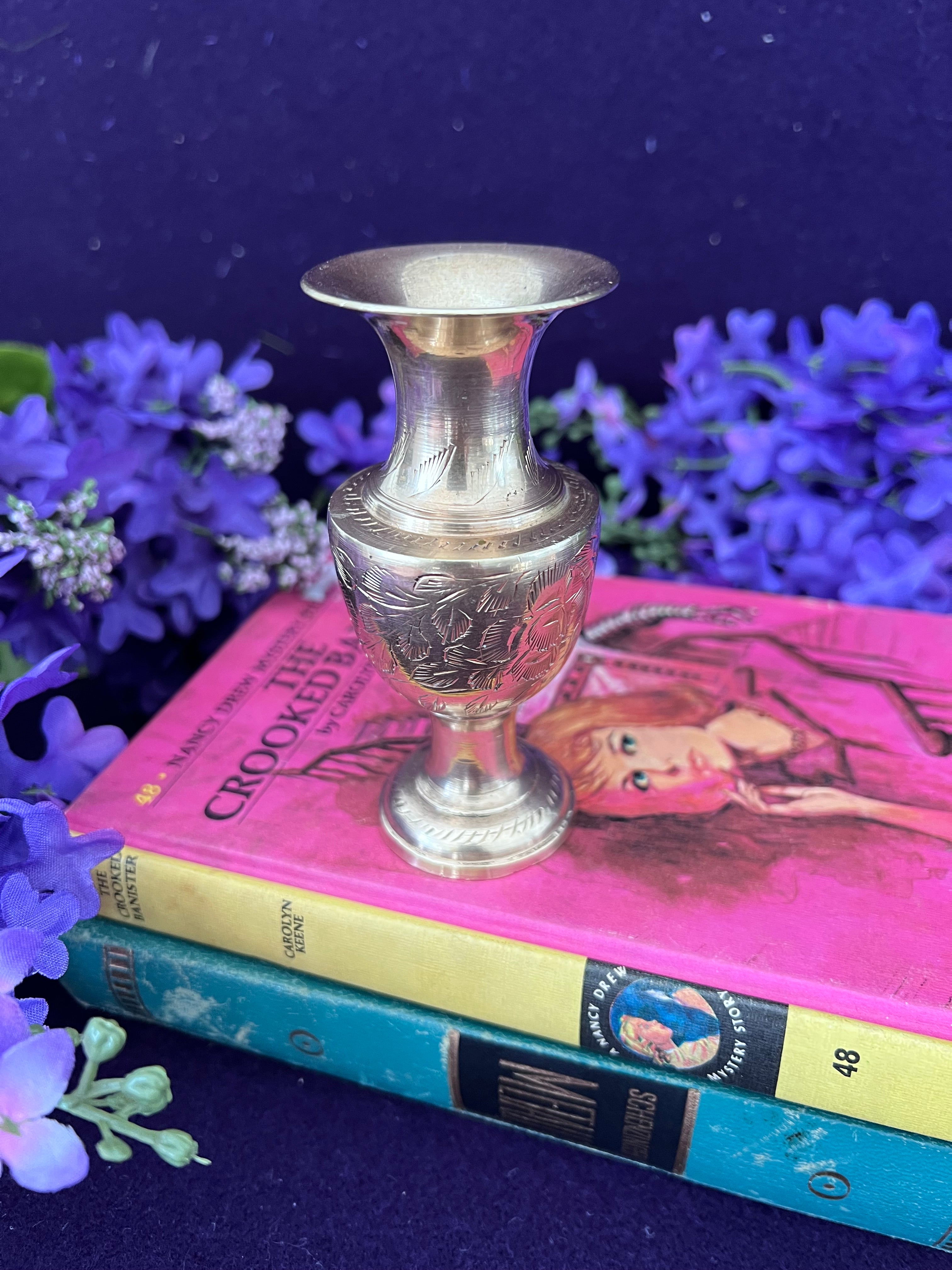 Vintage Hand-Etched Brass Bud Vase — Floral Urn, Cottagecore Dark Academia Decor