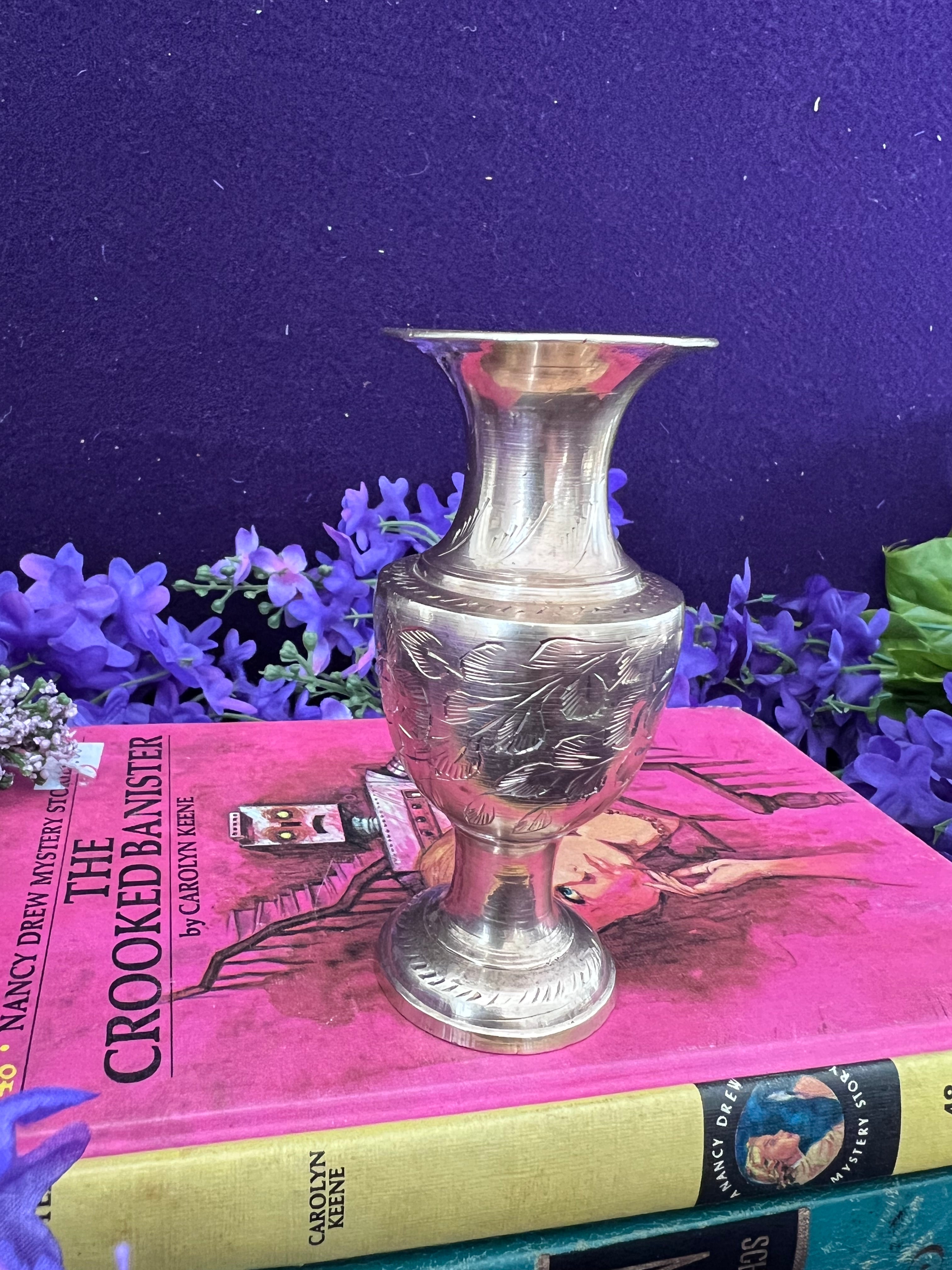Vintage Hand-Etched Brass Bud Vase — Floral Urn, Cottagecore Dark Academia Decor