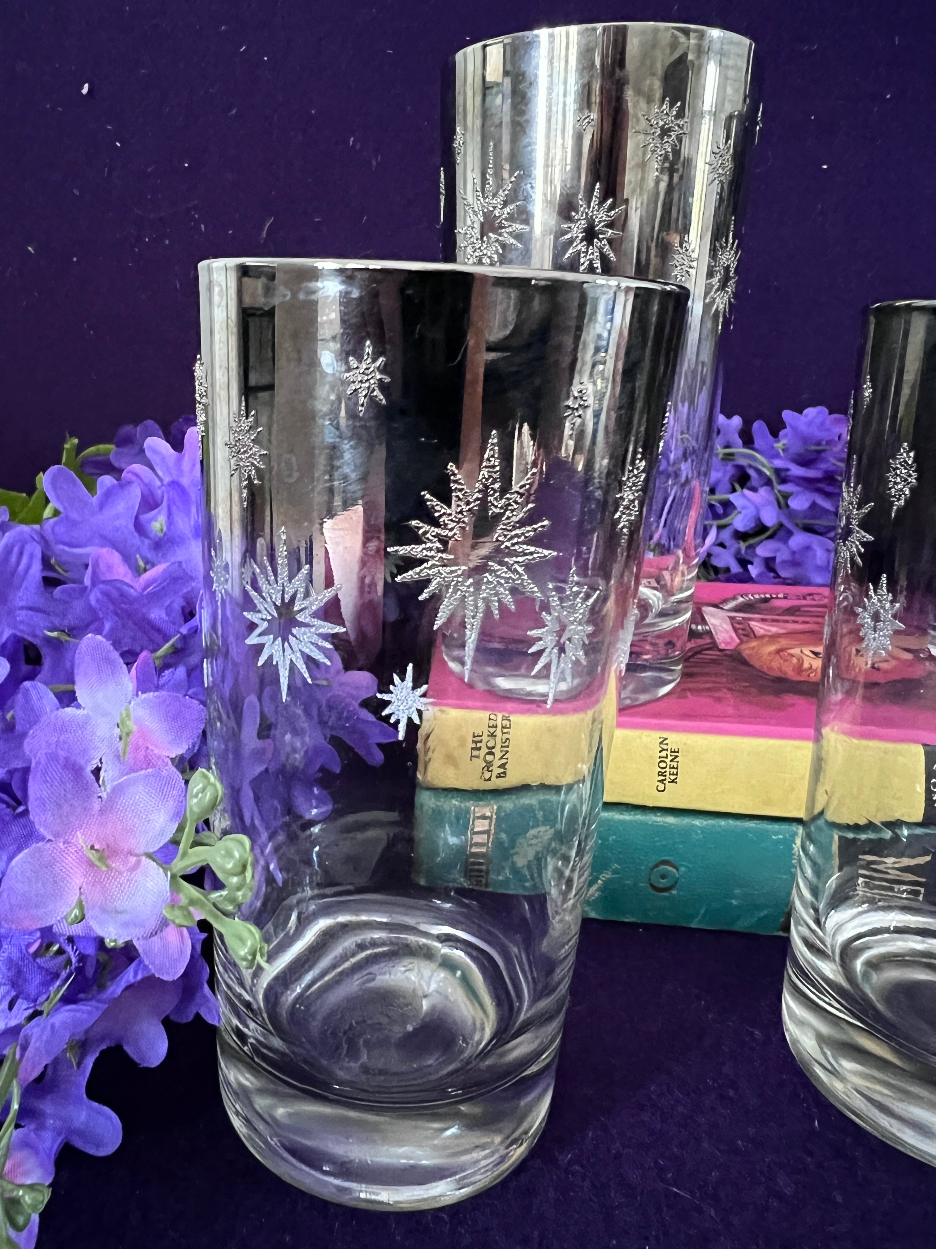 Vintage Mid-Century Silver Starburst Highball Glasses — Atomic Era Platinum Fade, Set of 4