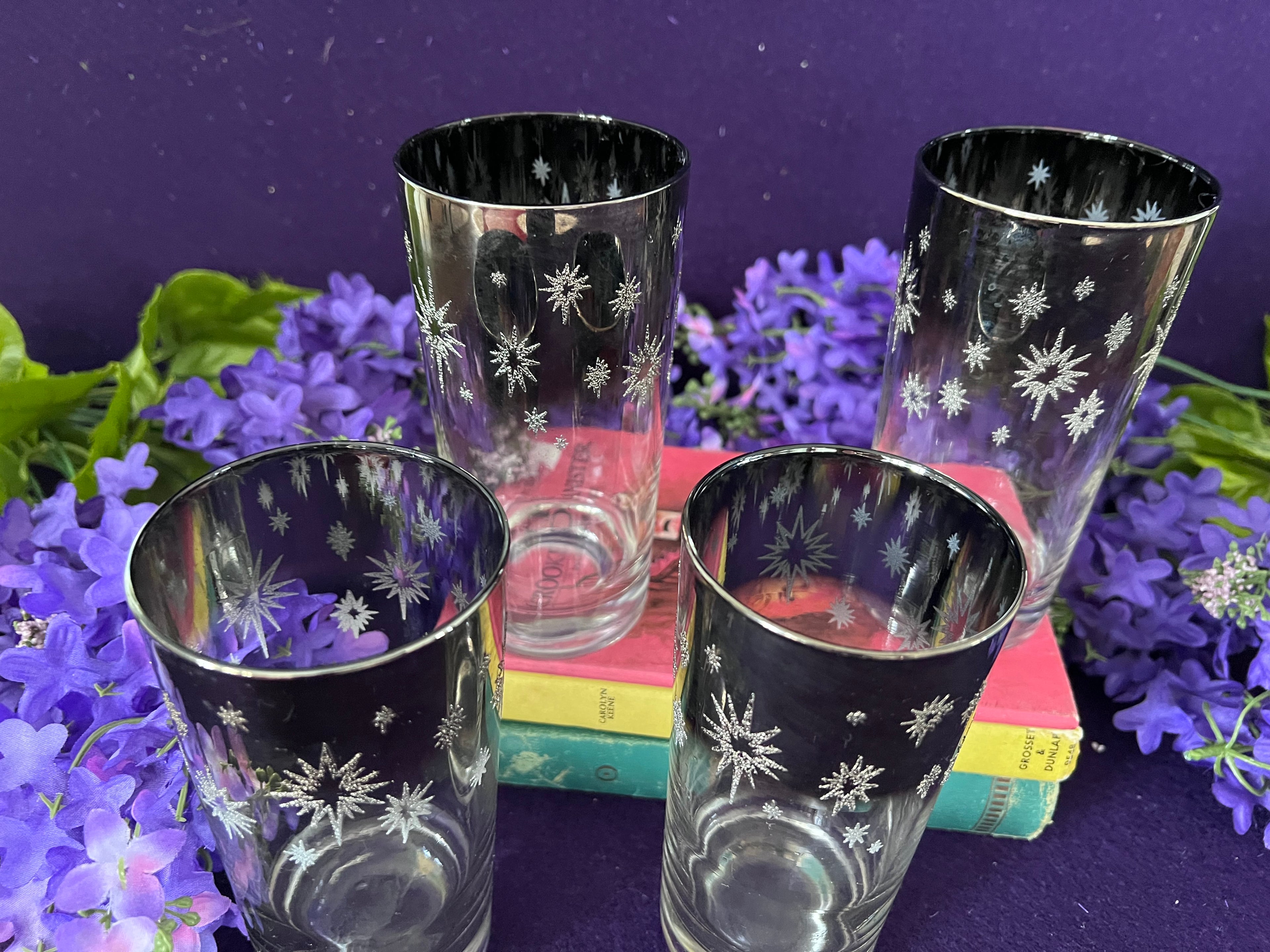 Vintage Mid-Century Silver Starburst Highball Glasses — Atomic Era Platinum Fade, Set of 4