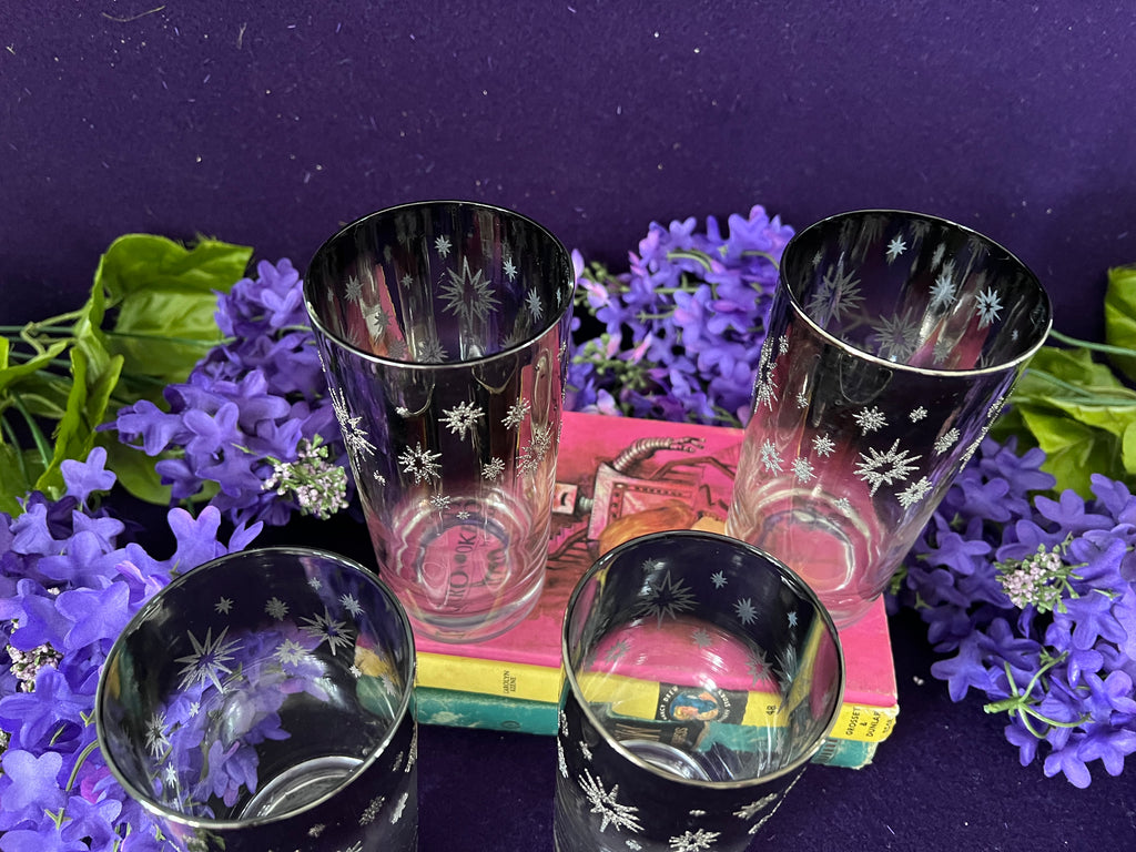 Vintage Mid-Century Silver Starburst Highball Glasses — Atomic Era Platinum Fade, Set of 4