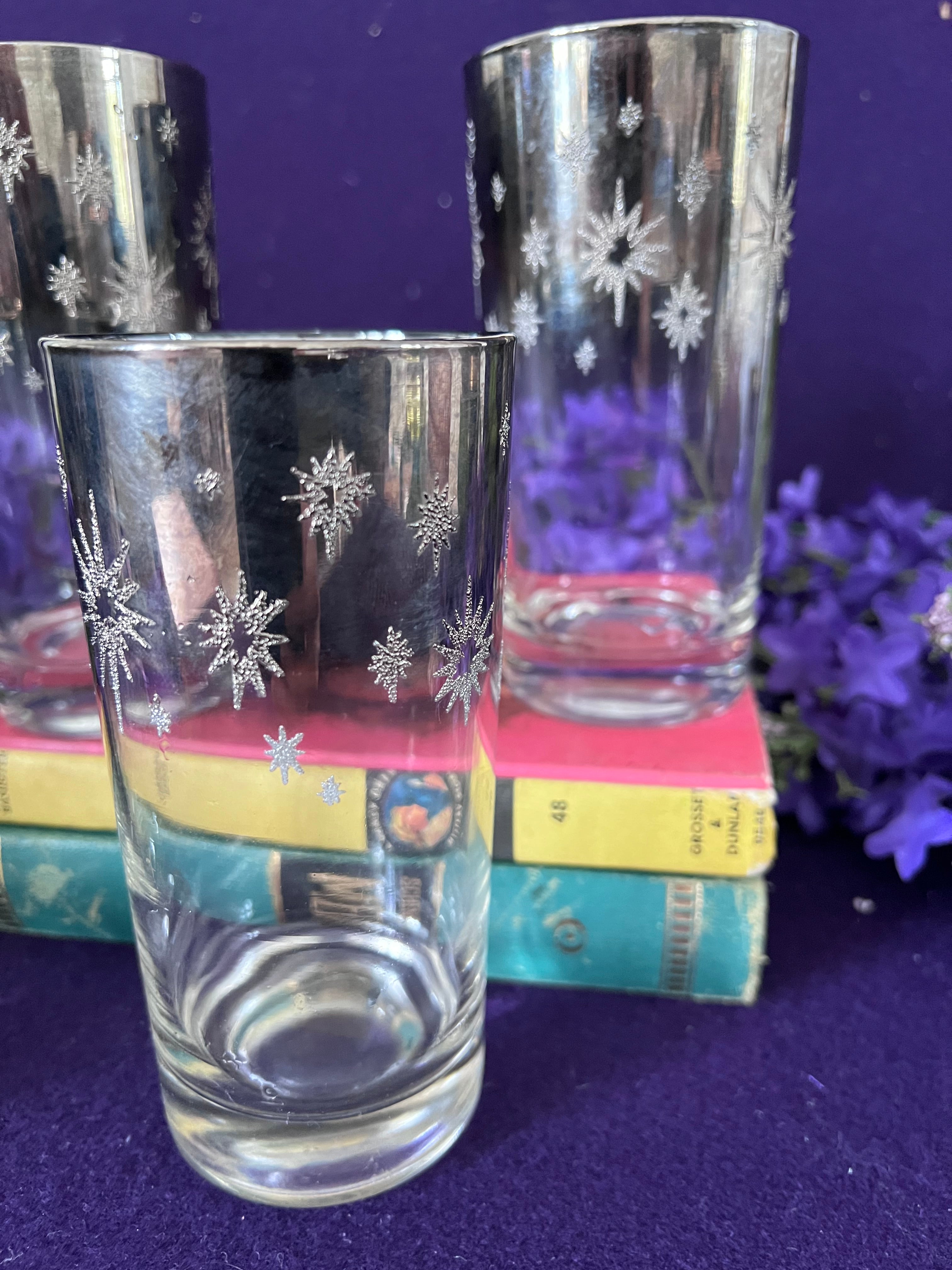 Vintage Mid-Century Silver Starburst Highball Glasses — Atomic Era Platinum Fade, Set of 4