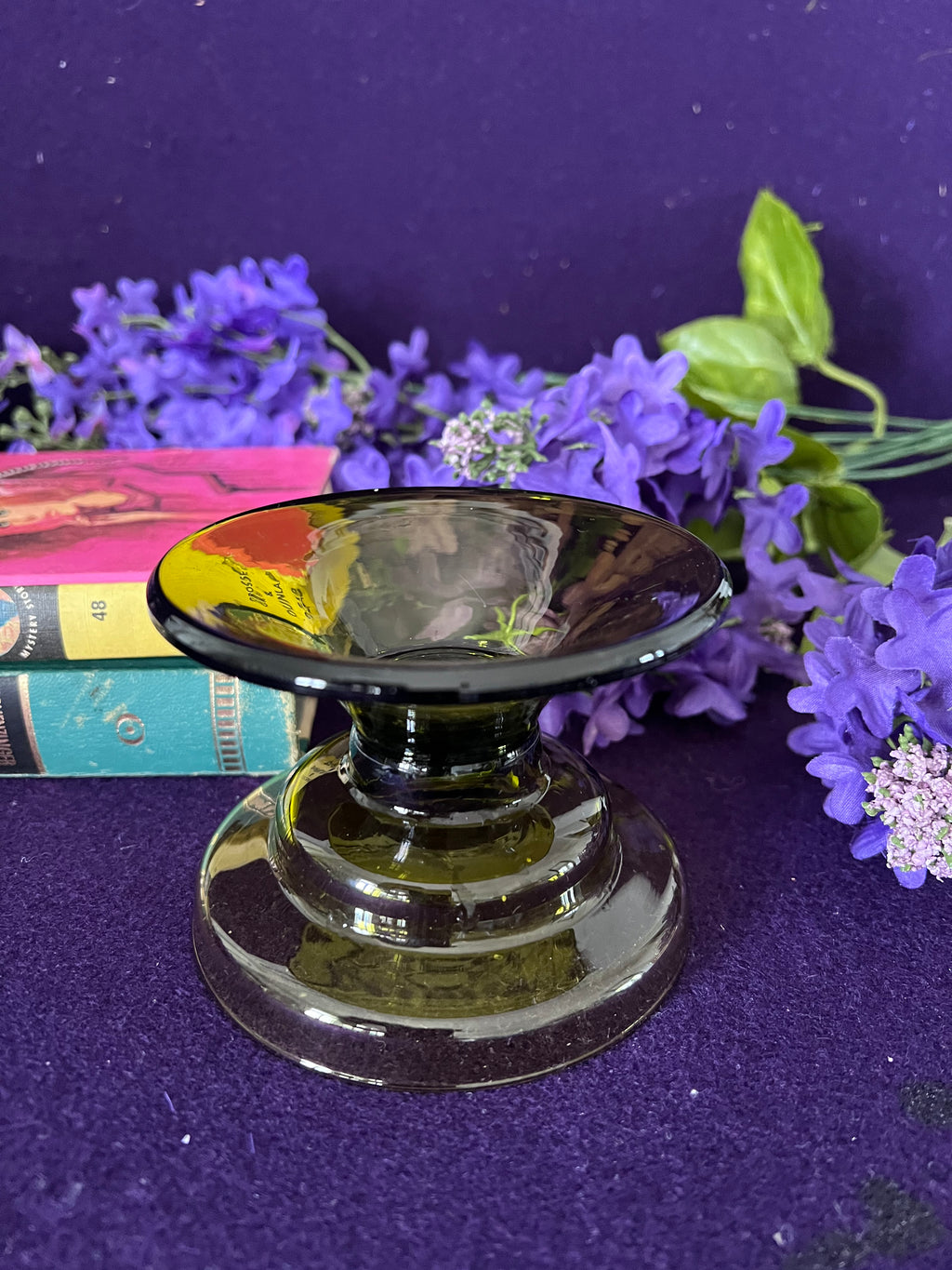 Vintage Mid-Century Olive Green Pressed Glass Pillar Candle Holder — 1970s Avocado Retro Decor