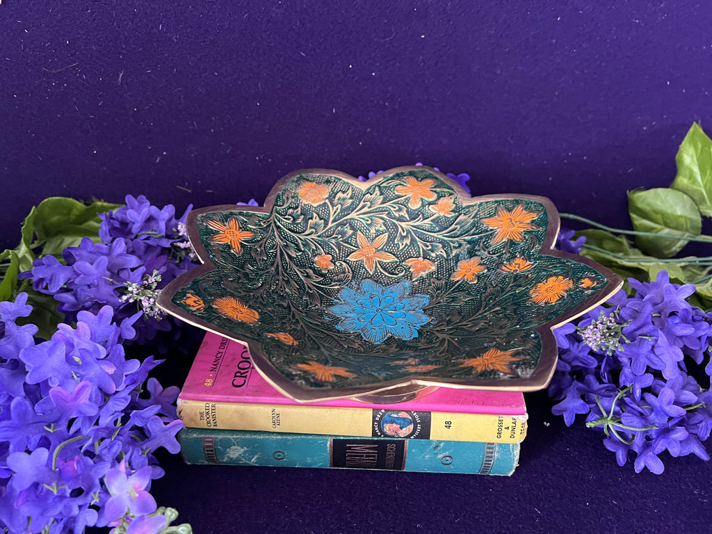 Vintage Hand-Etched Brass Scalloped Compote Bowl — Champlevé Enamel Inlay, Lotus Pedestal Dish