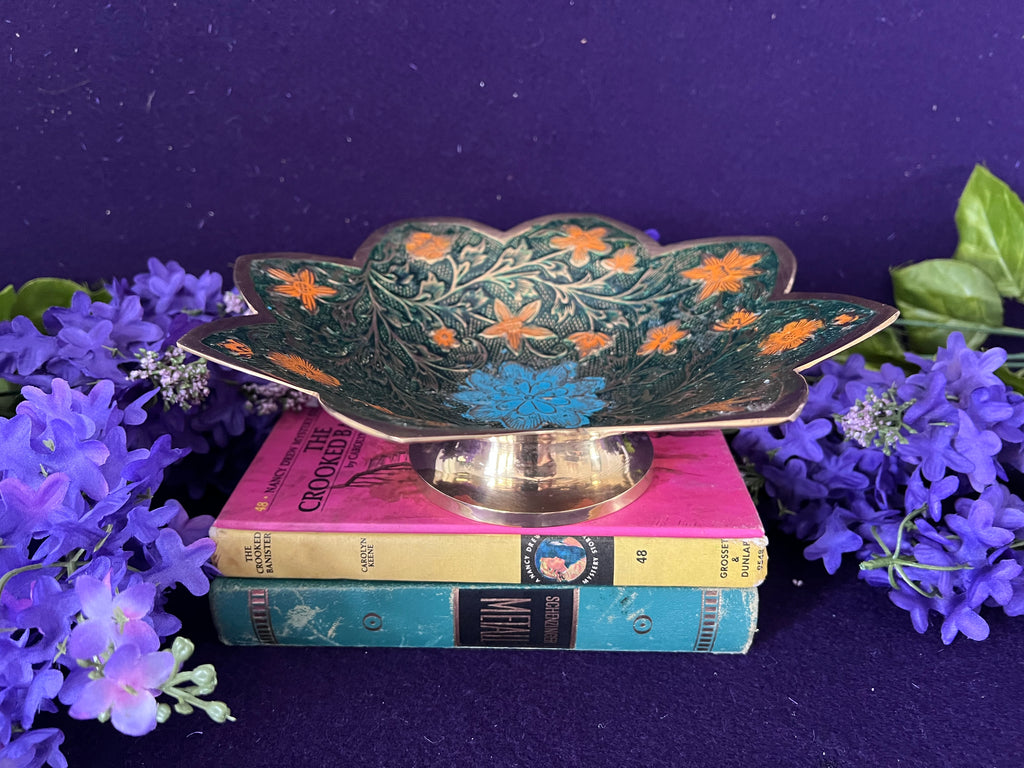 Vintage Hand-Etched Brass Scalloped Compote Bowl — Champlevé Enamel Inlay, Lotus Pedestal Dish