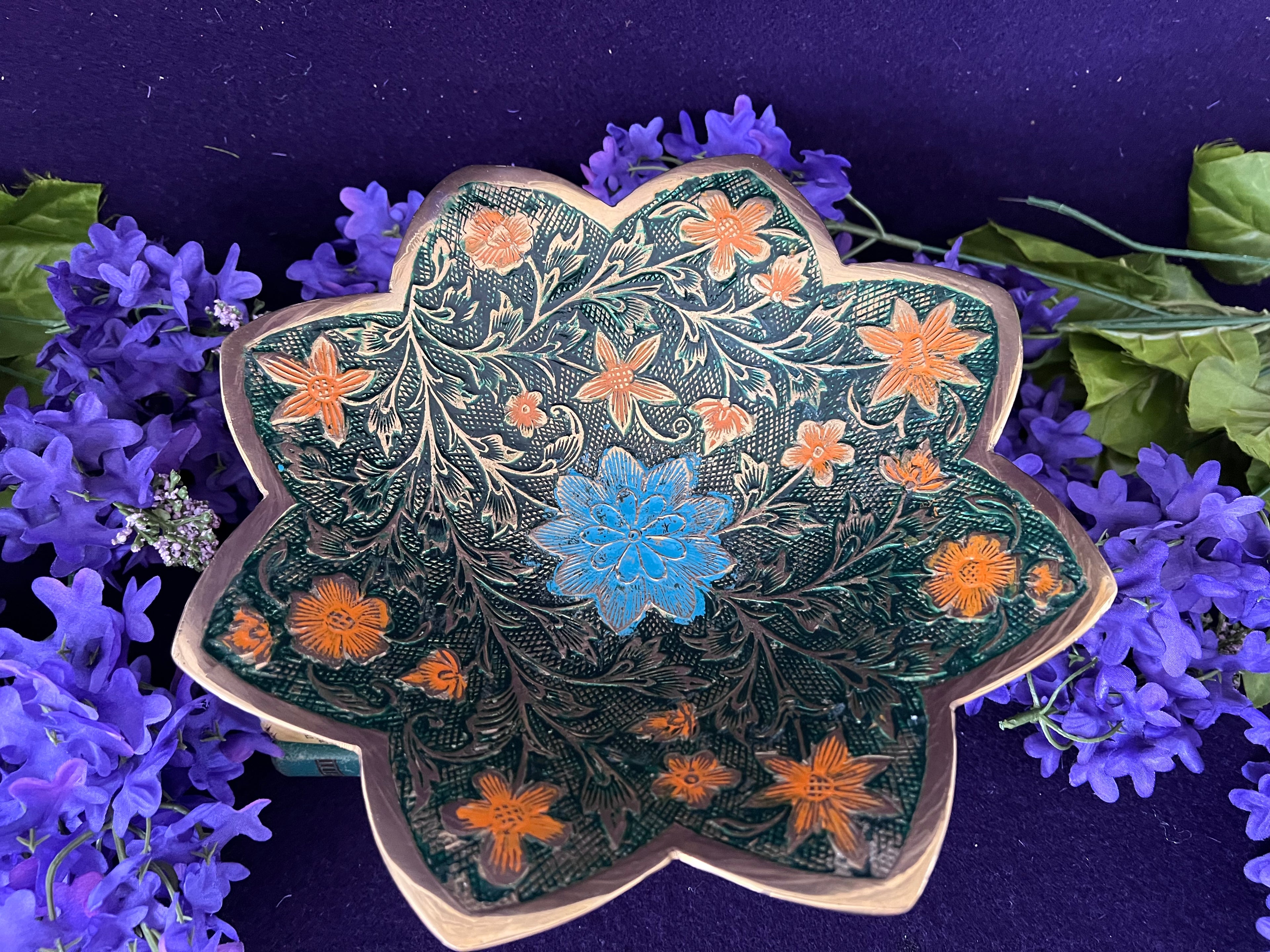 Vintage Hand-Etched Brass Scalloped Compote Bowl — Champlevé Enamel Inlay, Lotus Pedestal Dish