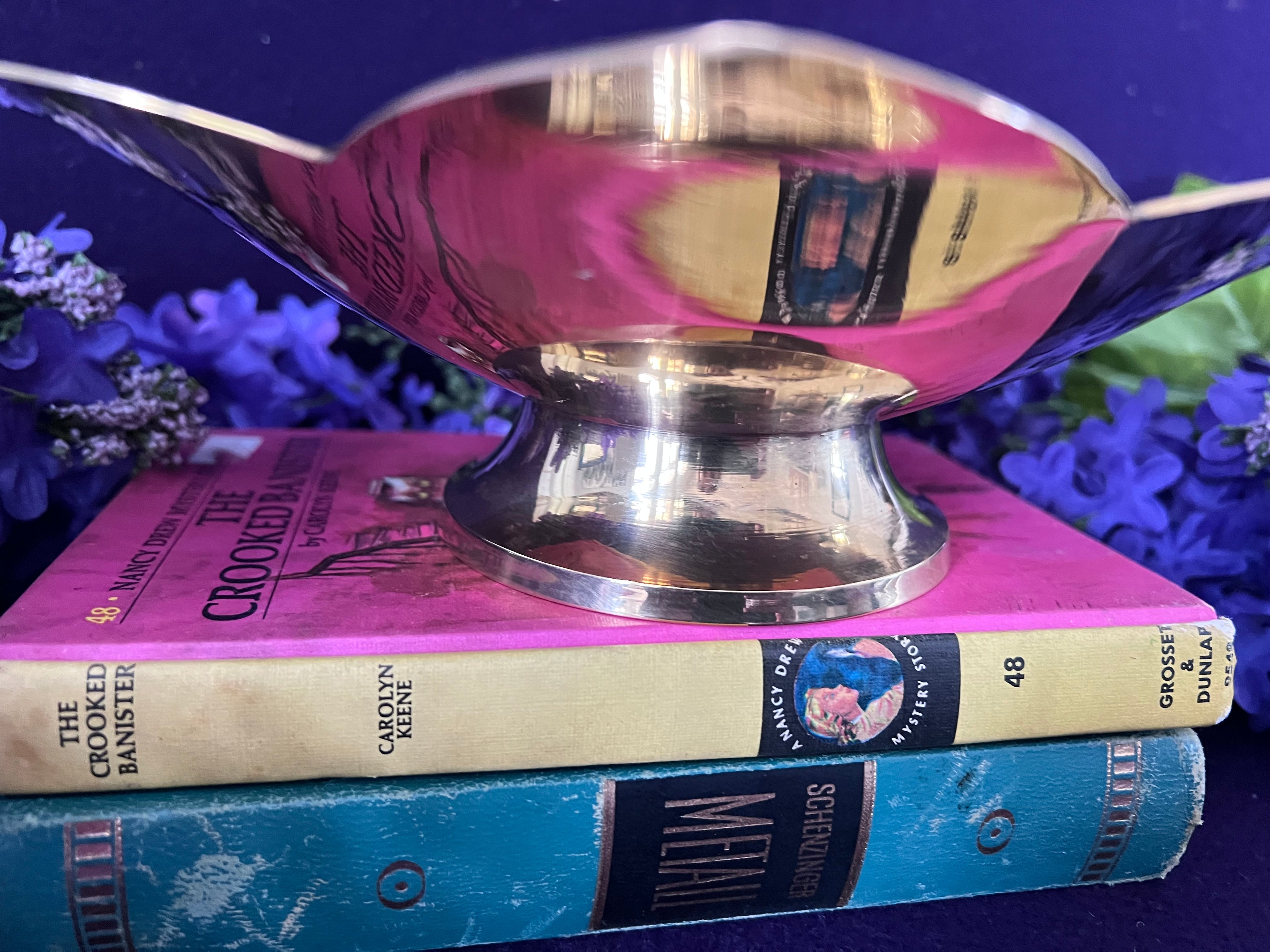 Vintage Hand-Etched Brass Scalloped Compote Bowl — Champlevé Enamel Inlay, Lotus Pedestal Dish