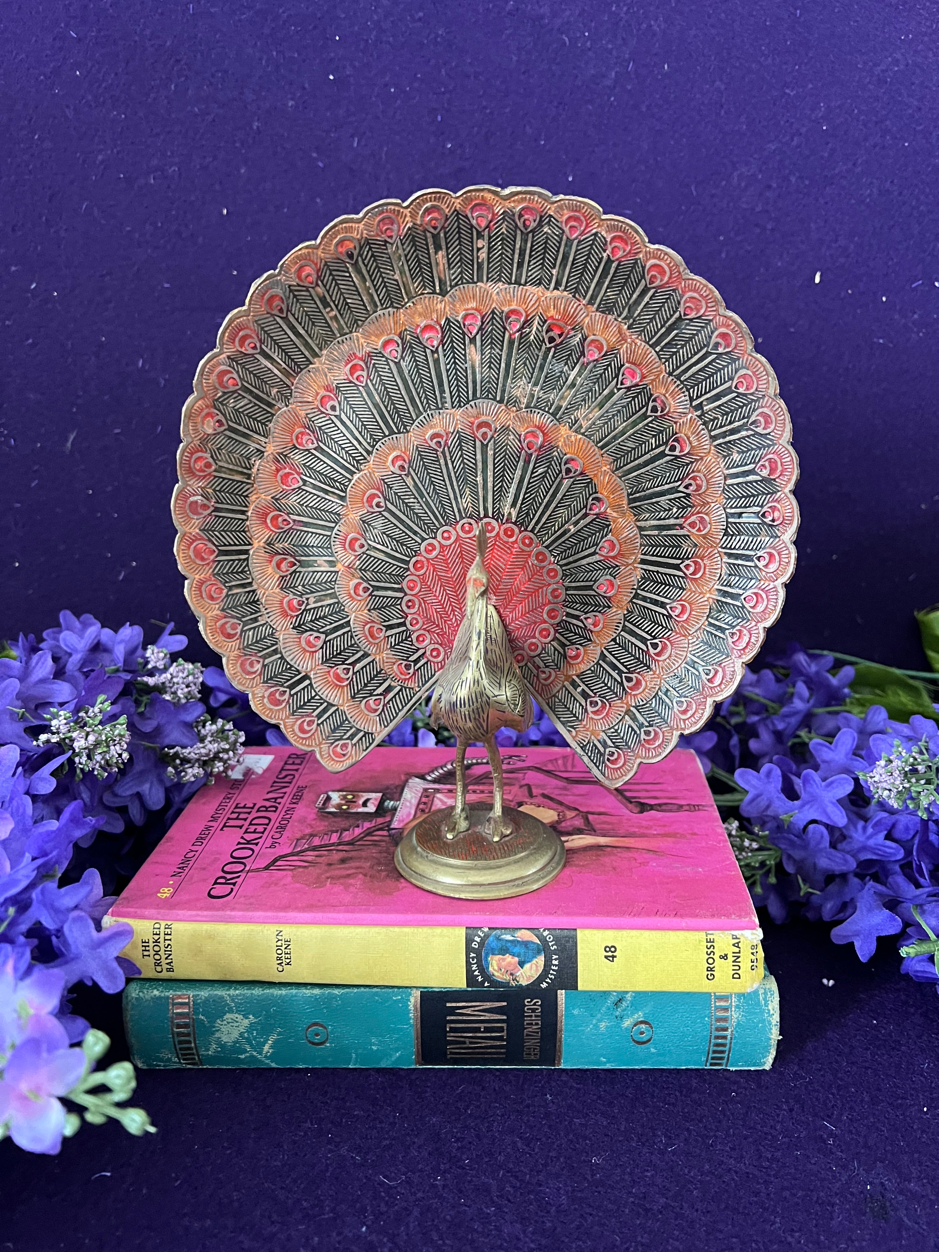 Vintage Etched Brass Peacock Figurine with Red Enamel Accents — Hollywood Regency Grandmillennial Decor