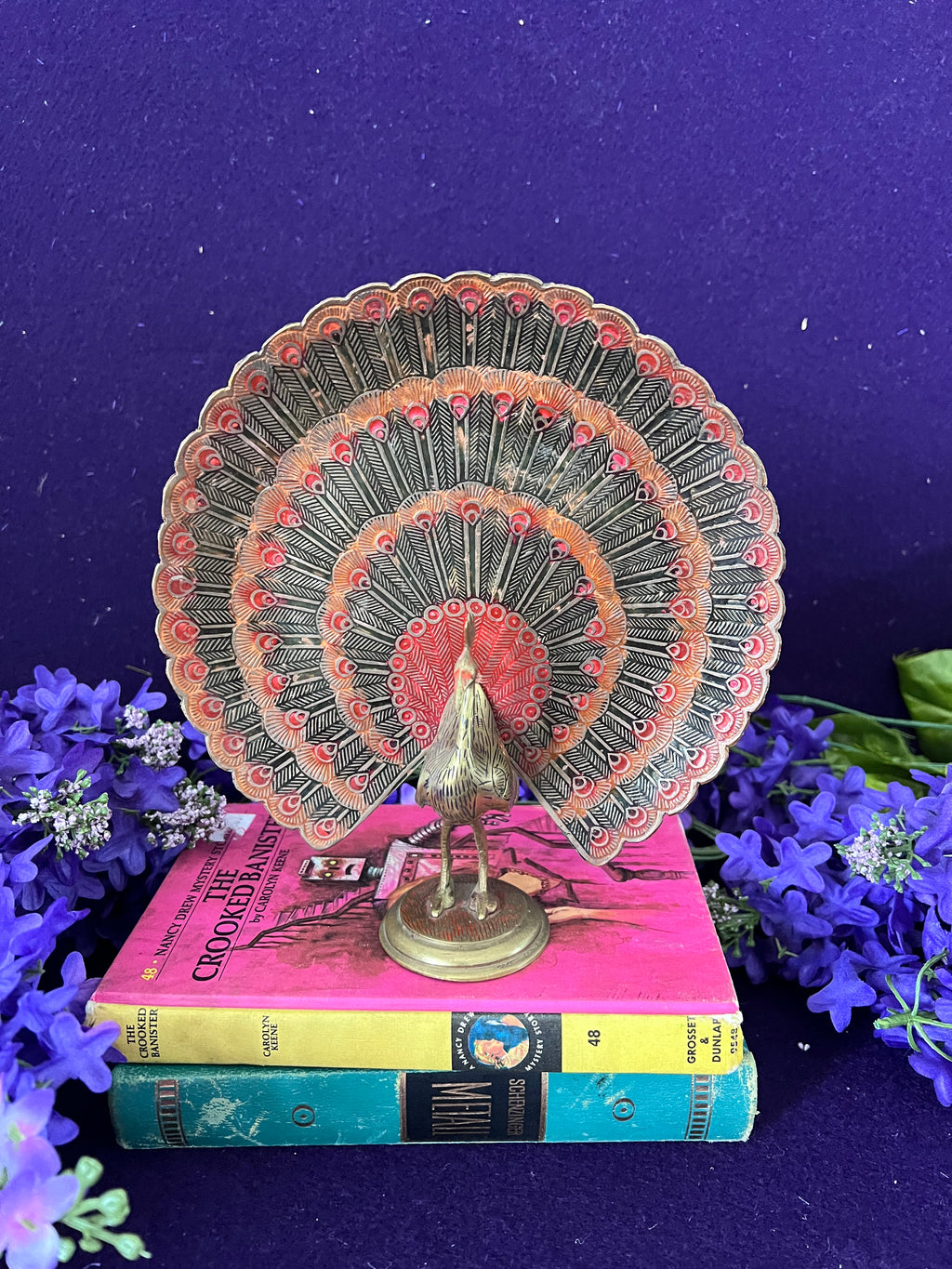 Vintage Etched Brass Peacock Figurine with Red Enamel Accents — Hollywood Regency Grandmillennial Decor