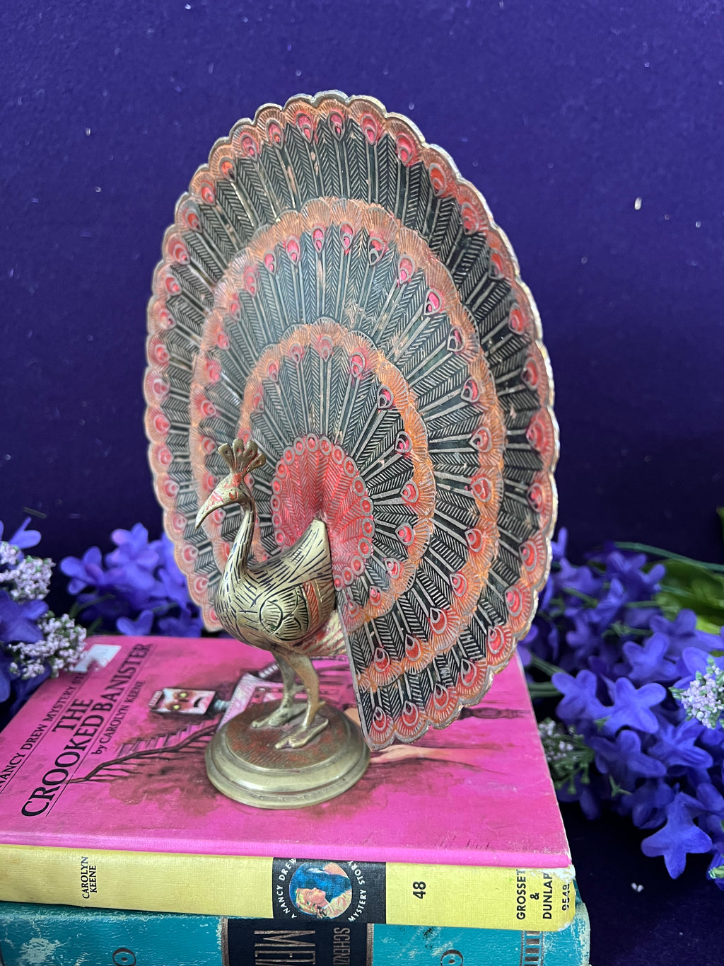 Vintage Etched Brass Peacock Figurine with Red Enamel Accents — Hollywood Regency Grandmillennial Decor