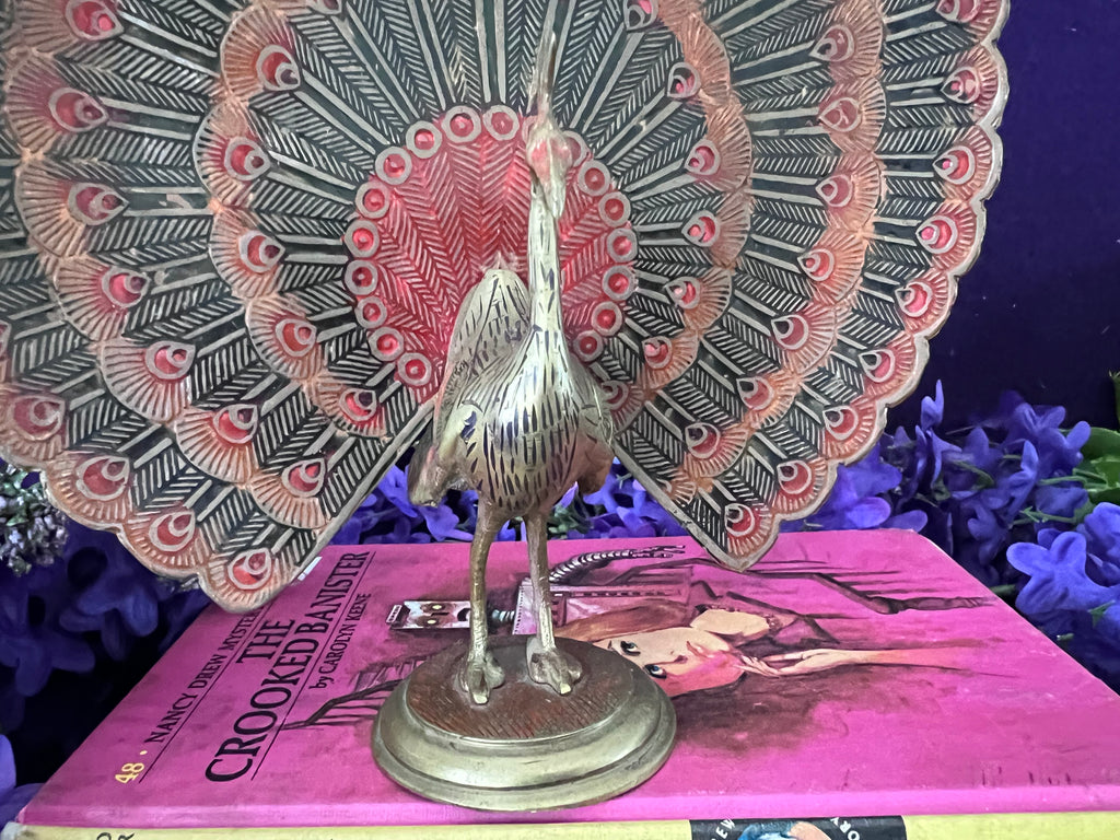Vintage Etched Brass Peacock Figurine with Red Enamel Accents — Hollywood Regency Grandmillennial Decor
