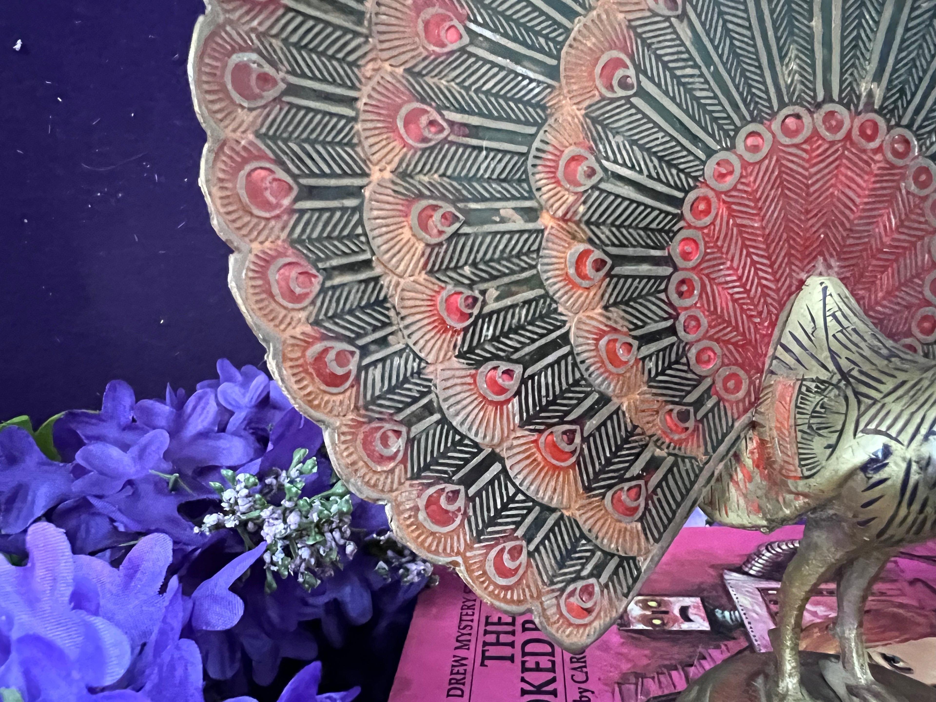 Vintage Etched Brass Peacock Figurine with Red Enamel Accents — Hollywood Regency Grandmillennial Decor