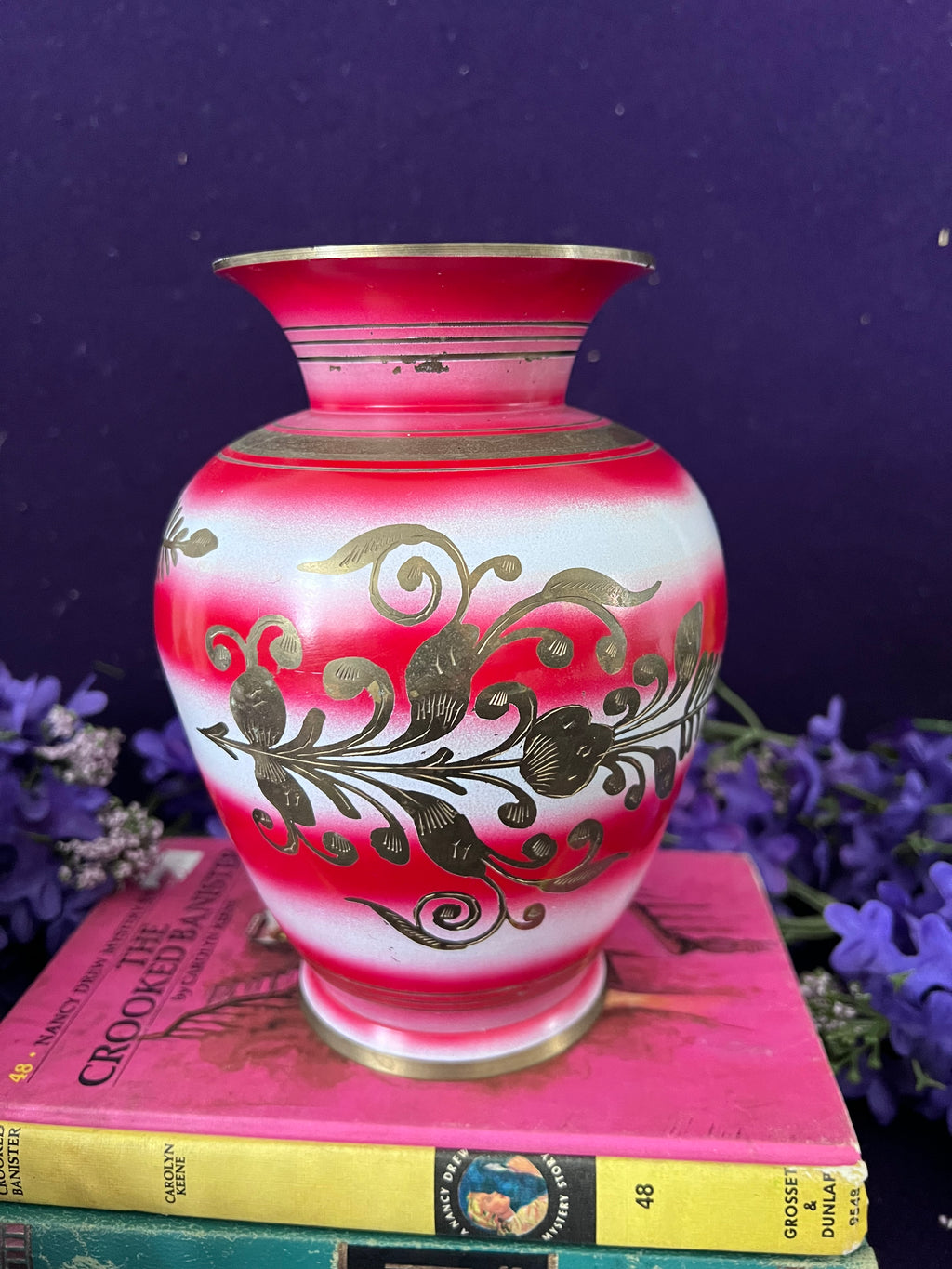 Vintage Indian Brass Enamel Floral Vase — Pink, Red & White Ombre, Hand-Etched Boho Grandmillennial