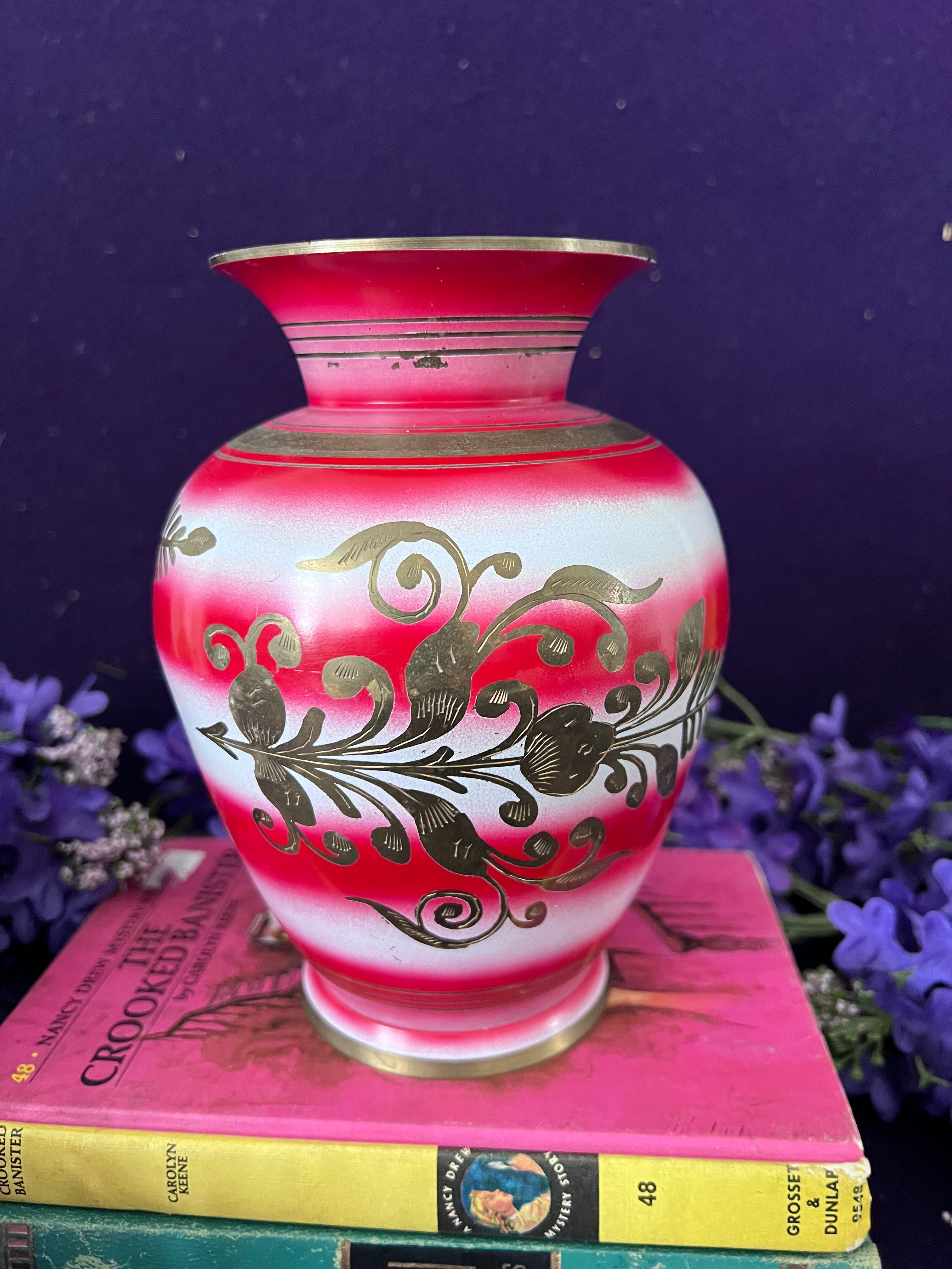 Vintage Indian Brass Enamel Floral Vase — Pink, Red & White Ombre, Hand-Etched Boho Grandmillennial