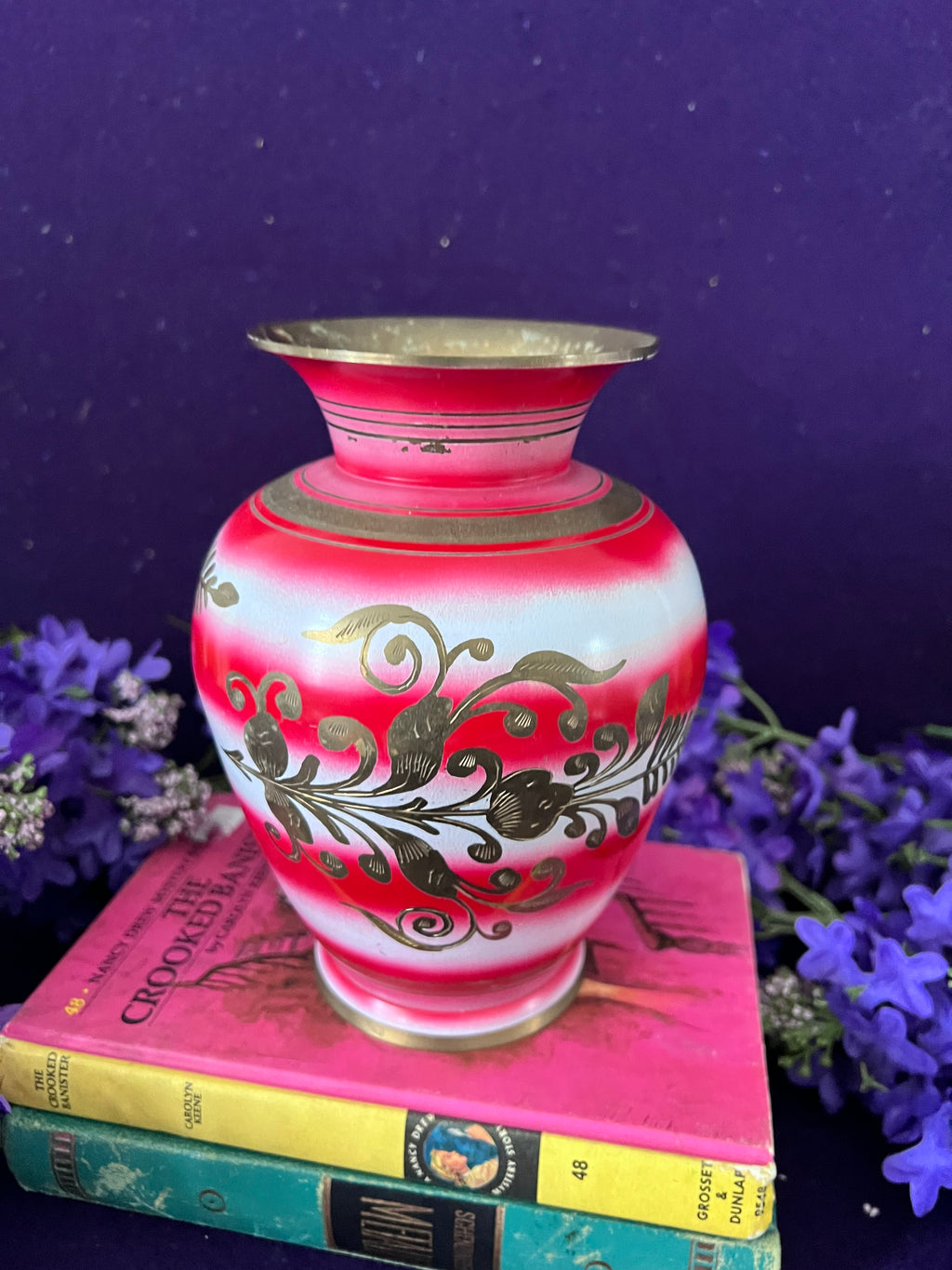 Vintage Indian Brass Enamel Floral Vase — Pink, Red & White Ombre, Hand-Etched Boho Grandmillennial