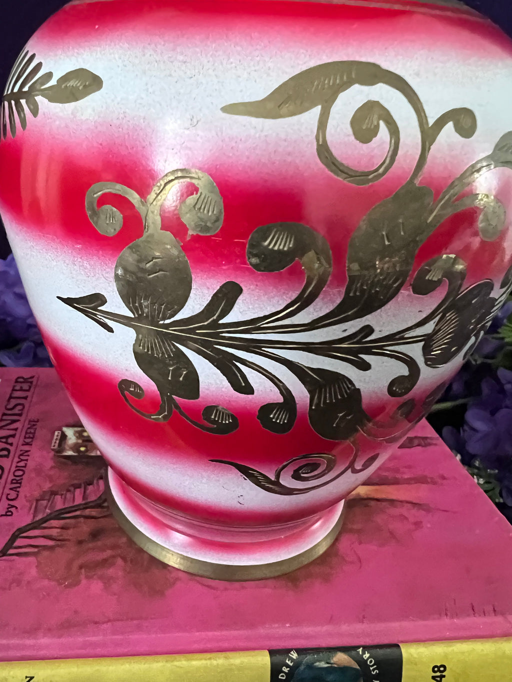 Vintage Indian Brass Enamel Floral Vase — Pink, Red & White Ombre, Hand-Etched Boho Grandmillennial