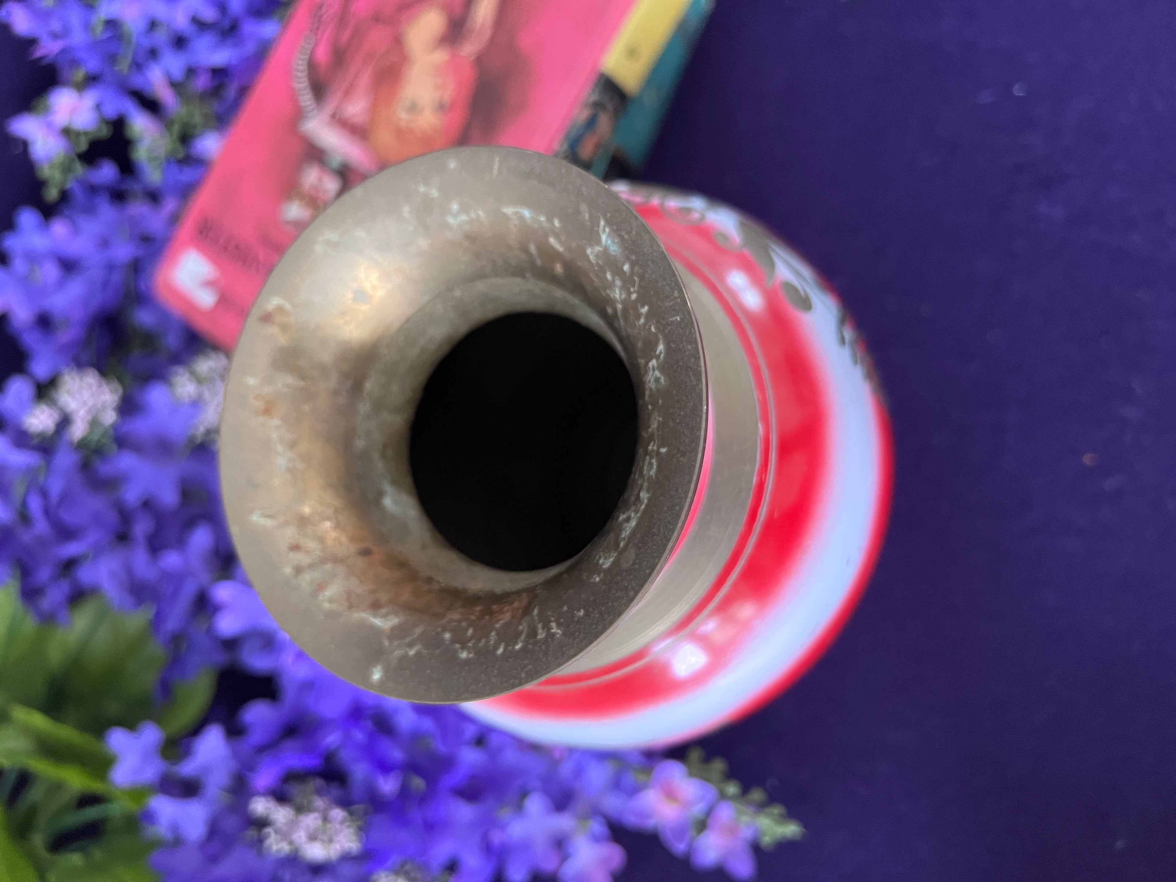 Vintage Indian Brass Enamel Floral Vase — Pink, Red & White Ombre, Hand-Etched Boho Grandmillennial