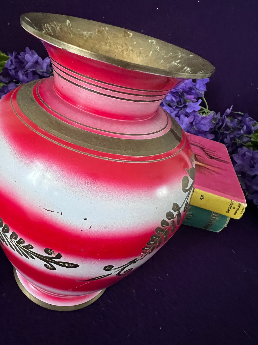 Vintage Indian Brass Enamel Floral Vase — Pink, Red & White Ombre, Hand-Etched Boho Grandmillennial