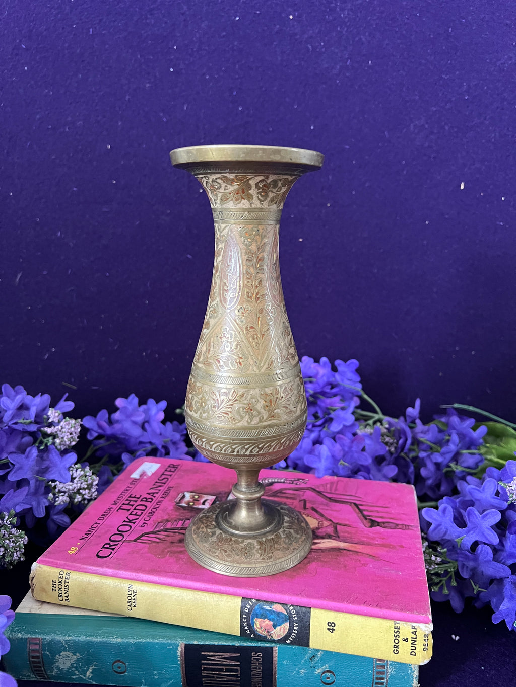 Vintage Hand-Etched Brass Pedestal Bud Vase — Paisley Enamel Inlay, 8" Grandmillennial Boho Decor
