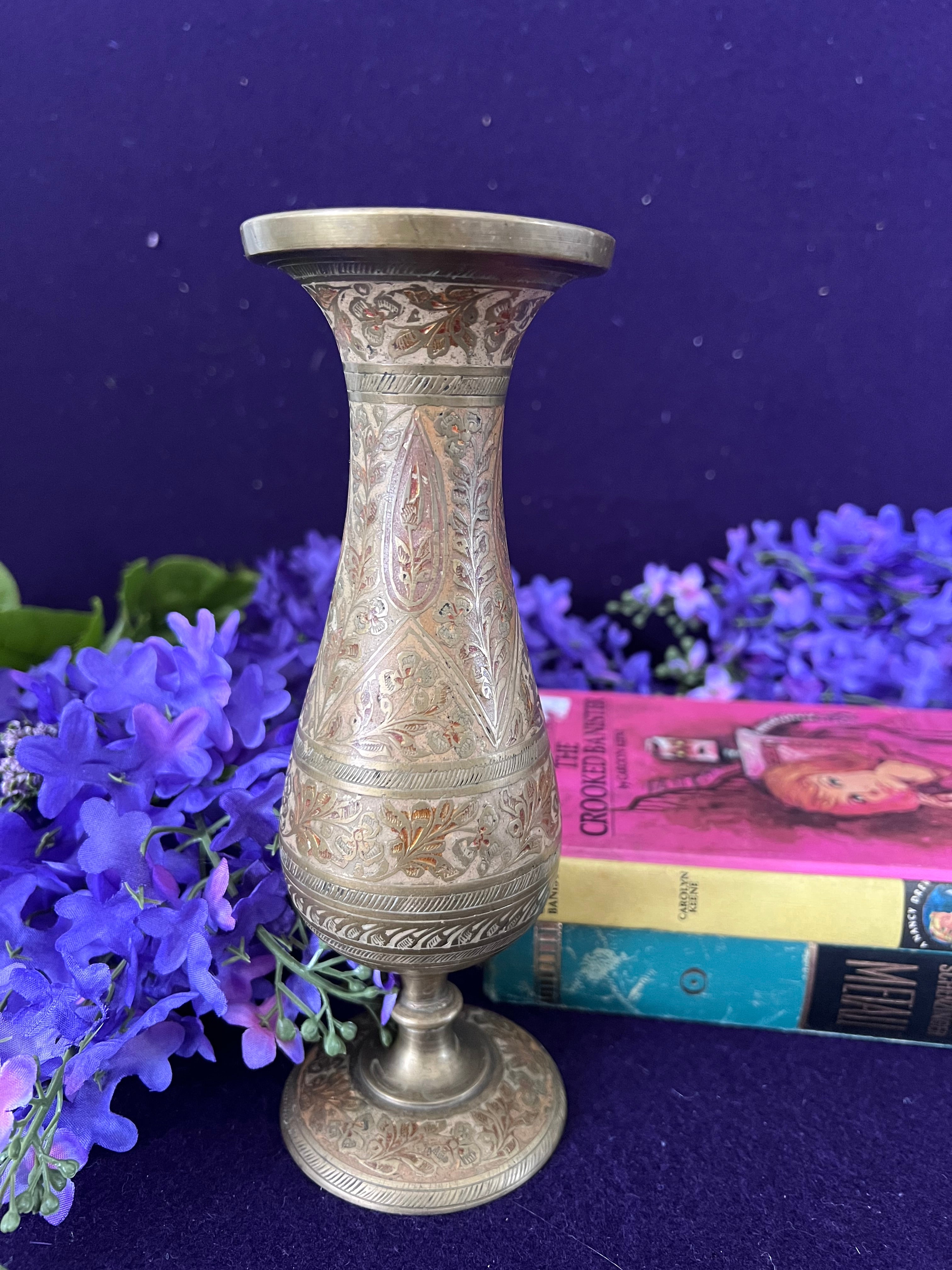 Vintage Hand-Etched Brass Pedestal Bud Vase — Paisley Enamel Inlay, 8" Grandmillennial Boho Decor
