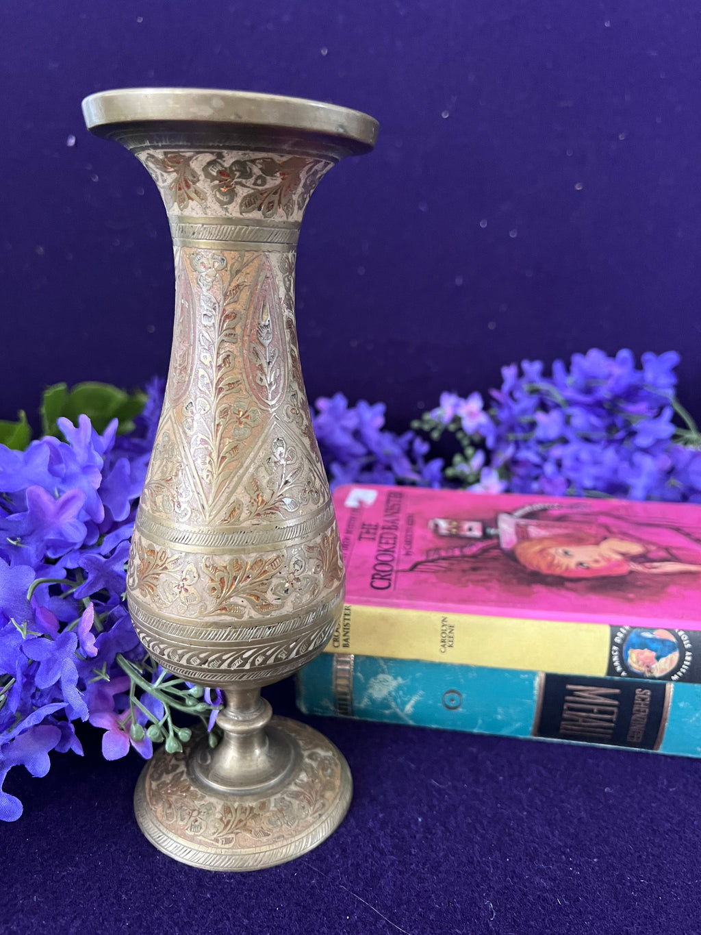Vintage Hand-Etched Brass Pedestal Bud Vase — Paisley Enamel Inlay, 8" Grandmillennial Boho Decor