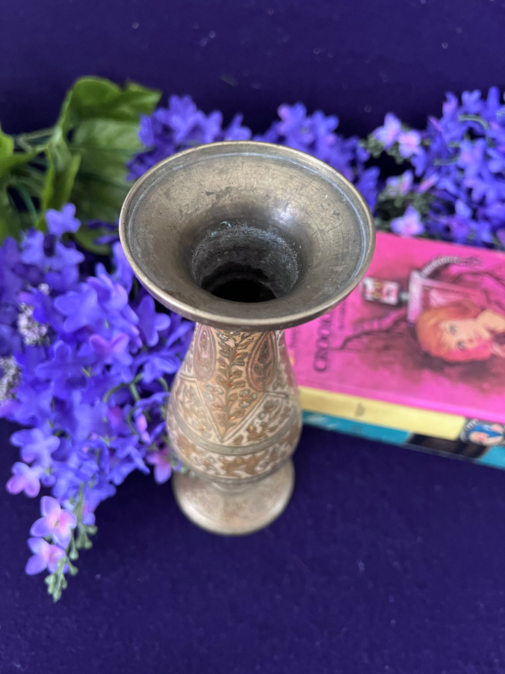Vintage Hand-Etched Brass Pedestal Bud Vase — Paisley Enamel Inlay, 8" Grandmillennial Boho Decor