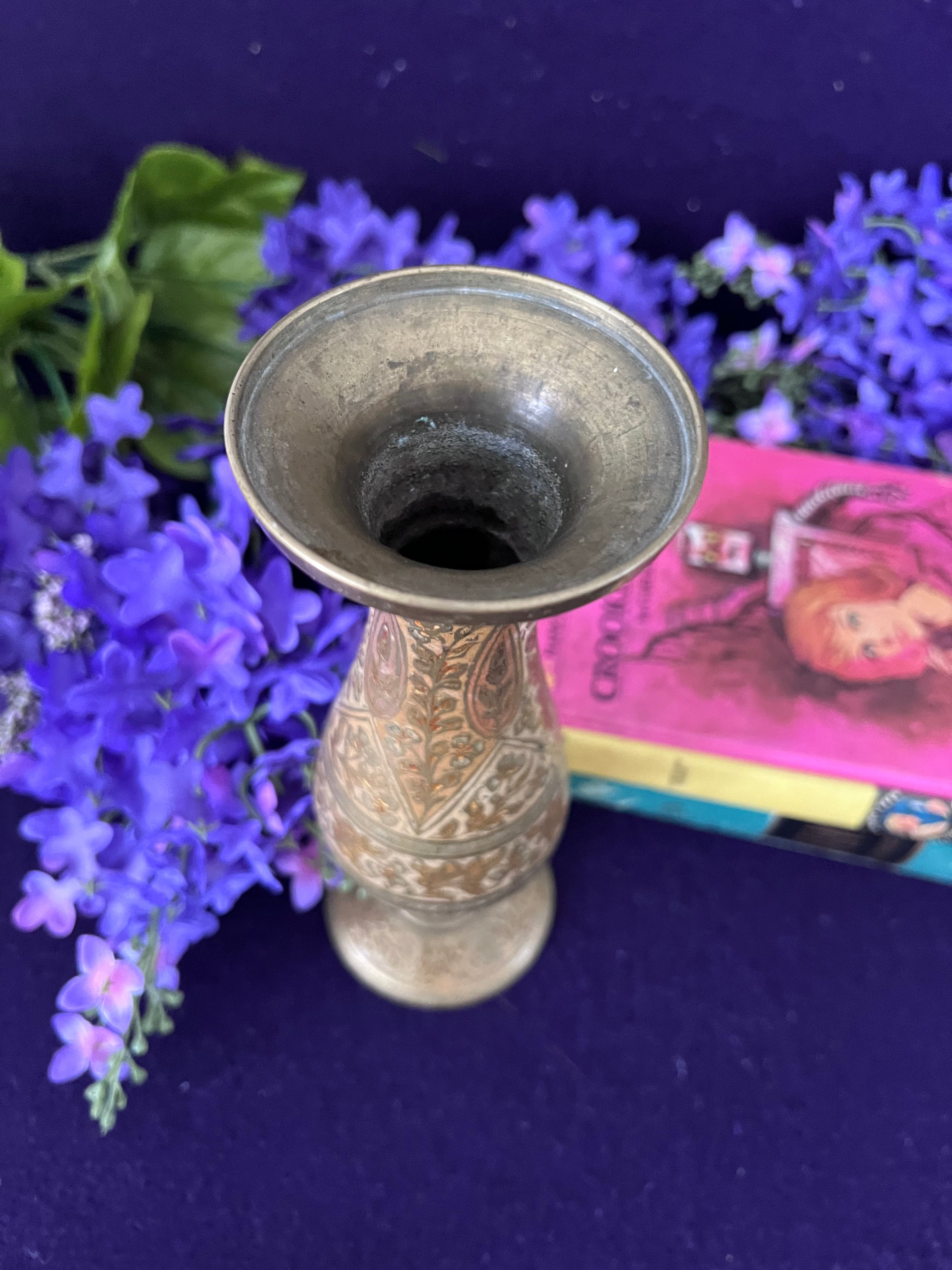 Vintage Hand-Etched Brass Pedestal Bud Vase — Paisley Enamel Inlay, 8" Grandmillennial Boho Decor
