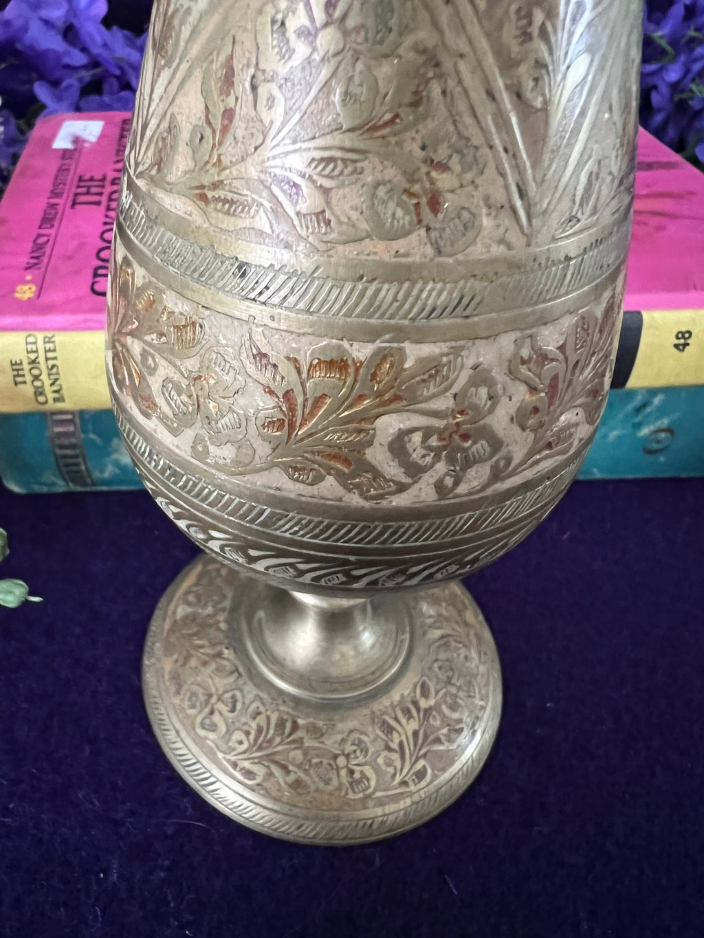 Vintage Hand-Etched Brass Pedestal Bud Vase — Paisley Enamel Inlay, 8" Grandmillennial Boho Decor