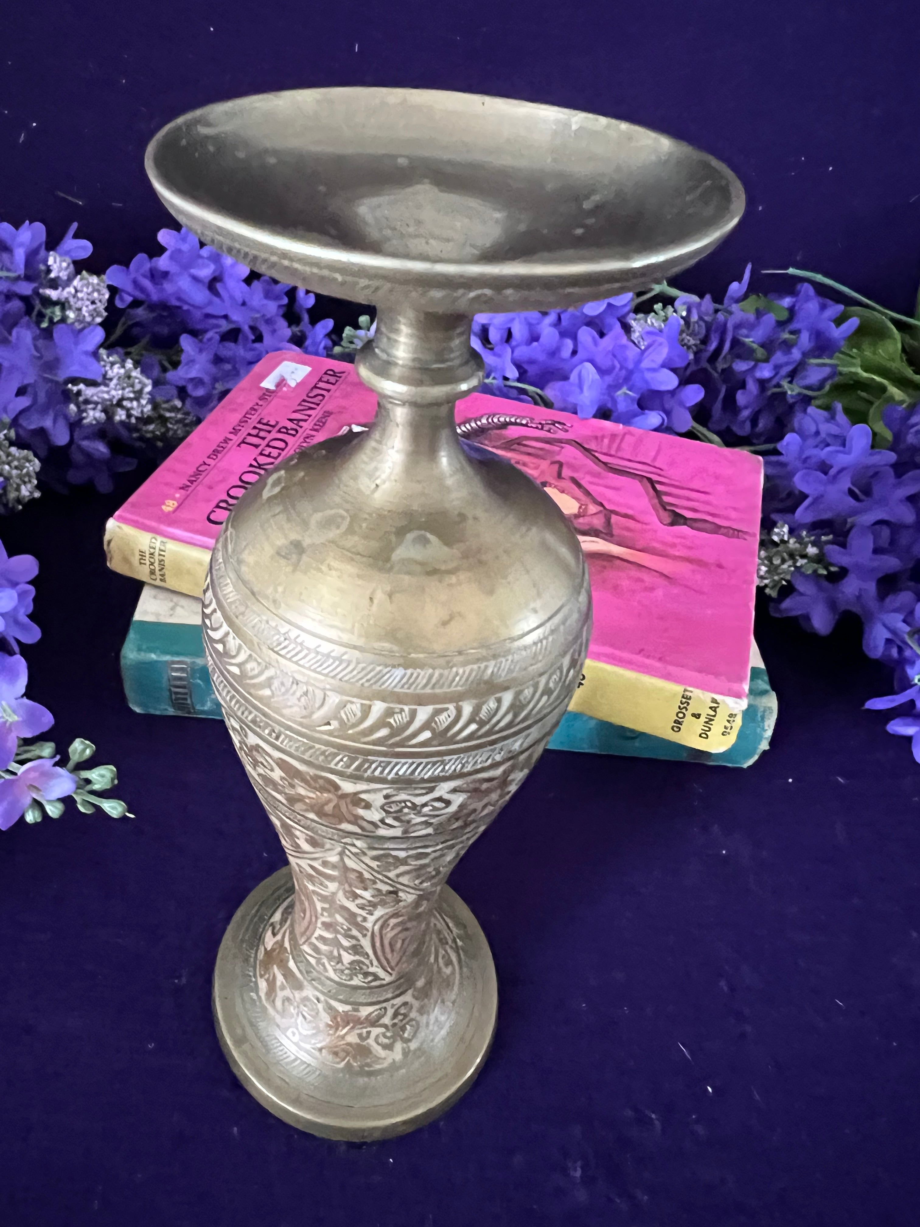 Vintage Hand-Etched Brass Pedestal Bud Vase — Paisley Enamel Inlay, 8" Grandmillennial Boho Decor