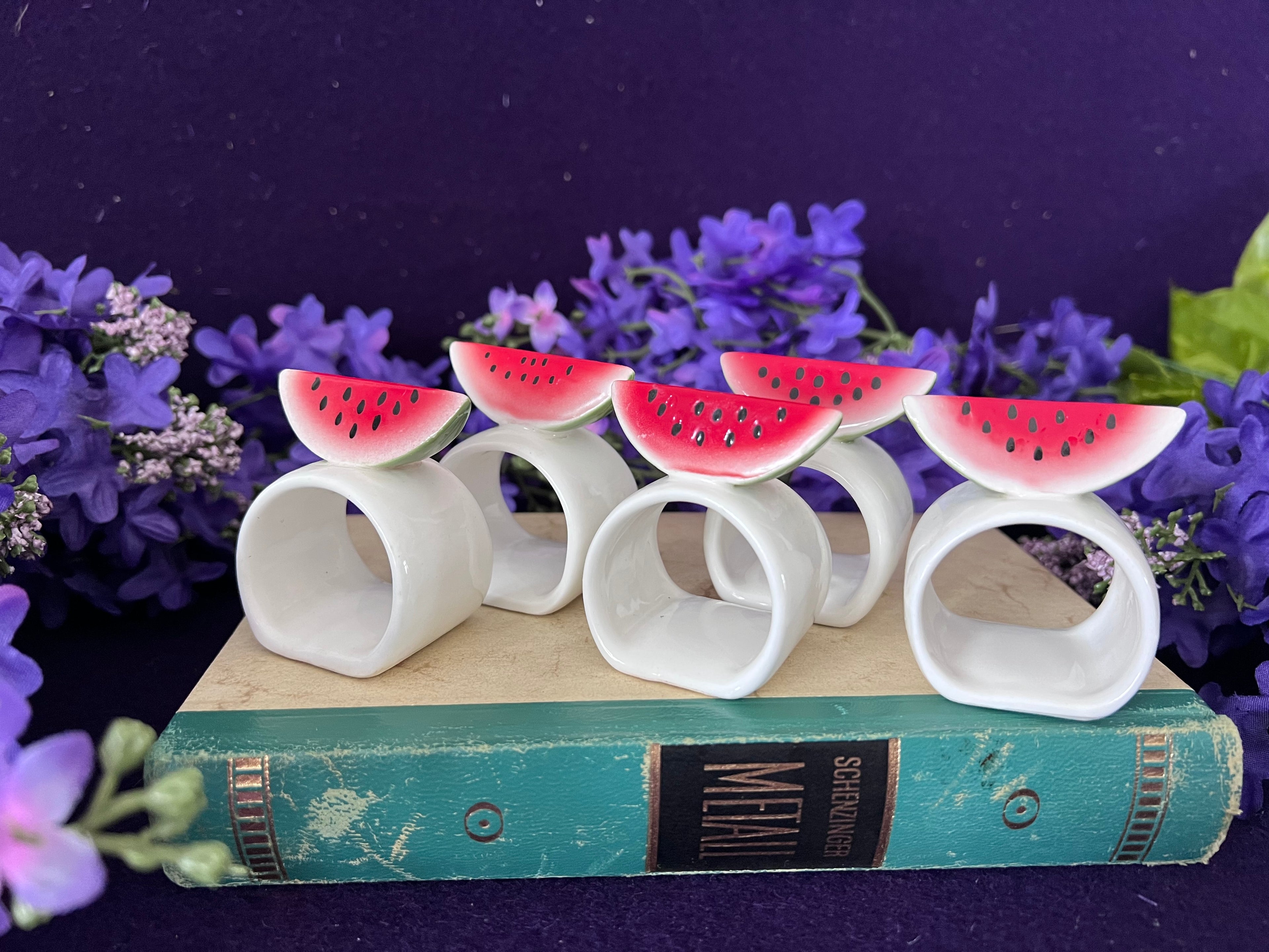 Vintage Ceramic Watermelon Napkin Rings — Set of 5, 1980s Retro Summer Table Decor