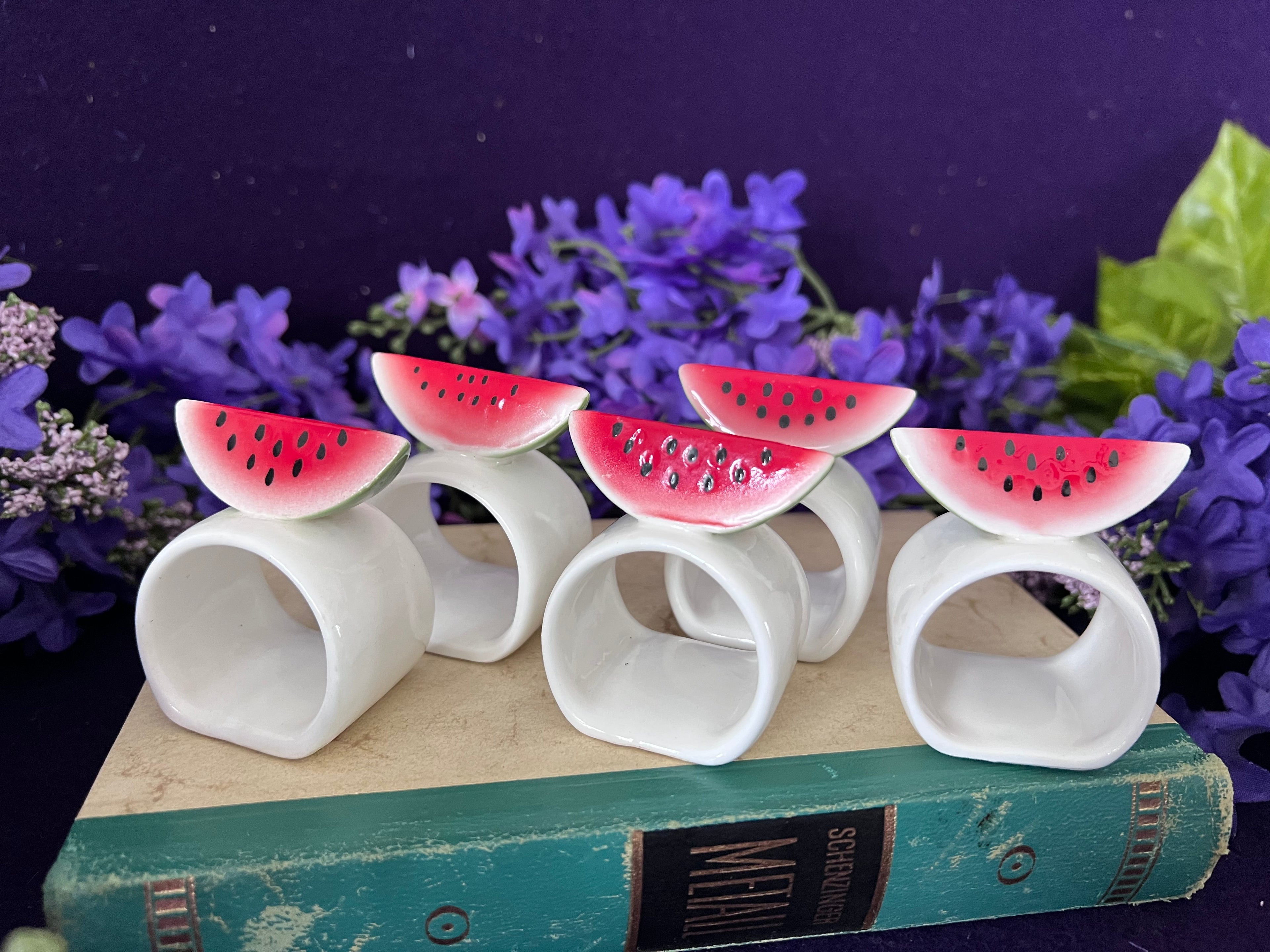 Vintage Ceramic Watermelon Napkin Rings — Set of 5, 1980s Retro Summer Table Decor